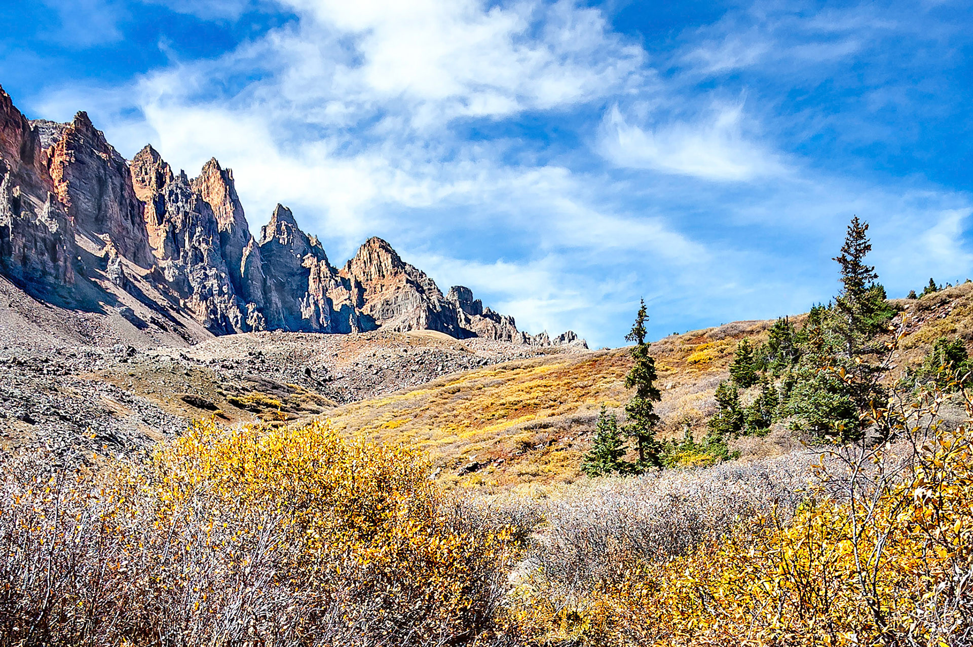 Turning yellow, leaves of the alpine willow shrubs along the headwaters of Pine Creek, signal cooler weather conditions in the high country near Aspen, Colorado, USA. A ridge line leading to Cathedral Peak, makes a dramatic skyline beneath partly cloudy skies.