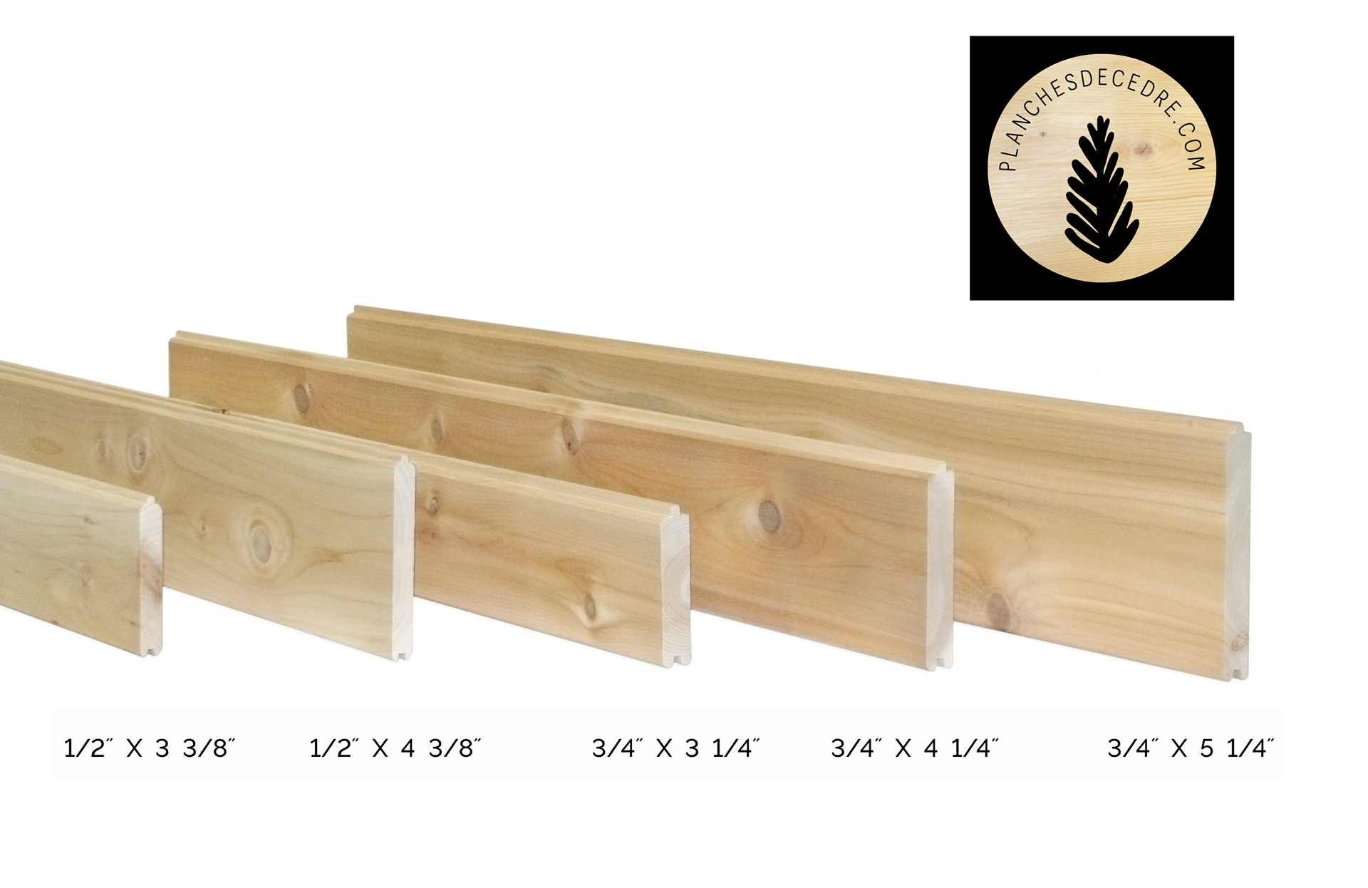 Les différentes dimensions de planches murales en cèdre blanc de l'est offertes par planchesdecedre.com