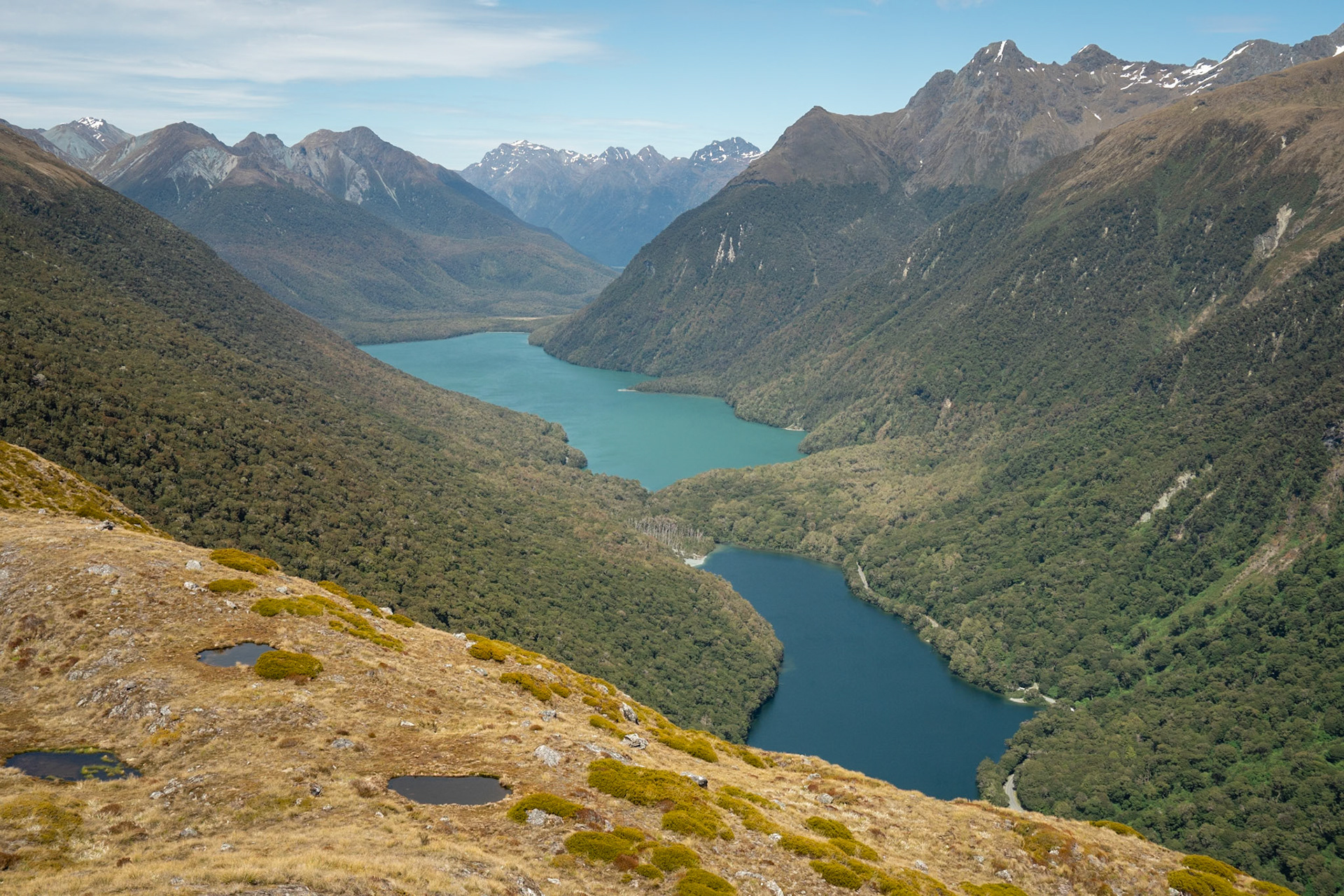 Looking south over Lake Fergus and Lake Gunn from the Livingstone Range