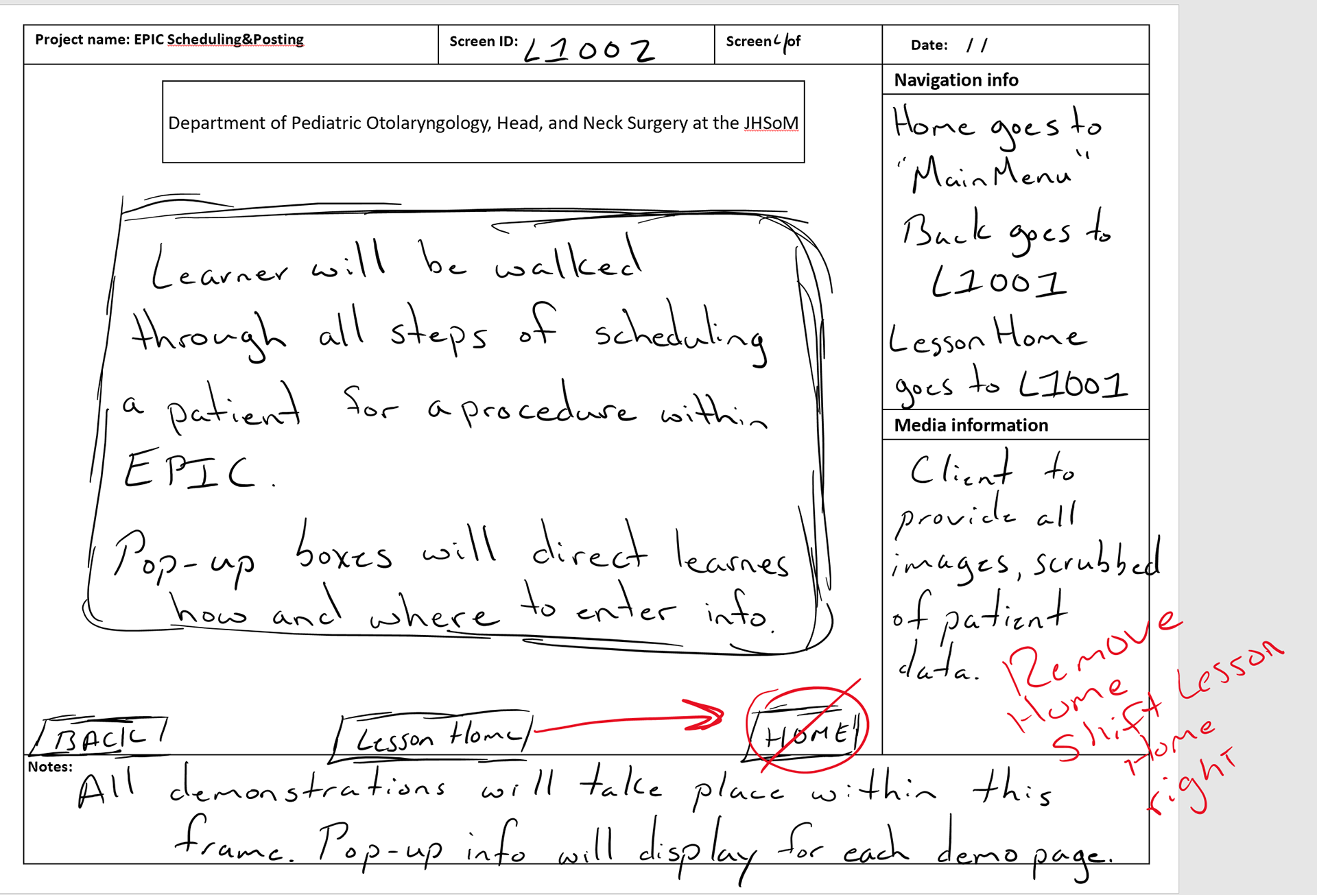 Client feedback in red on storyboards