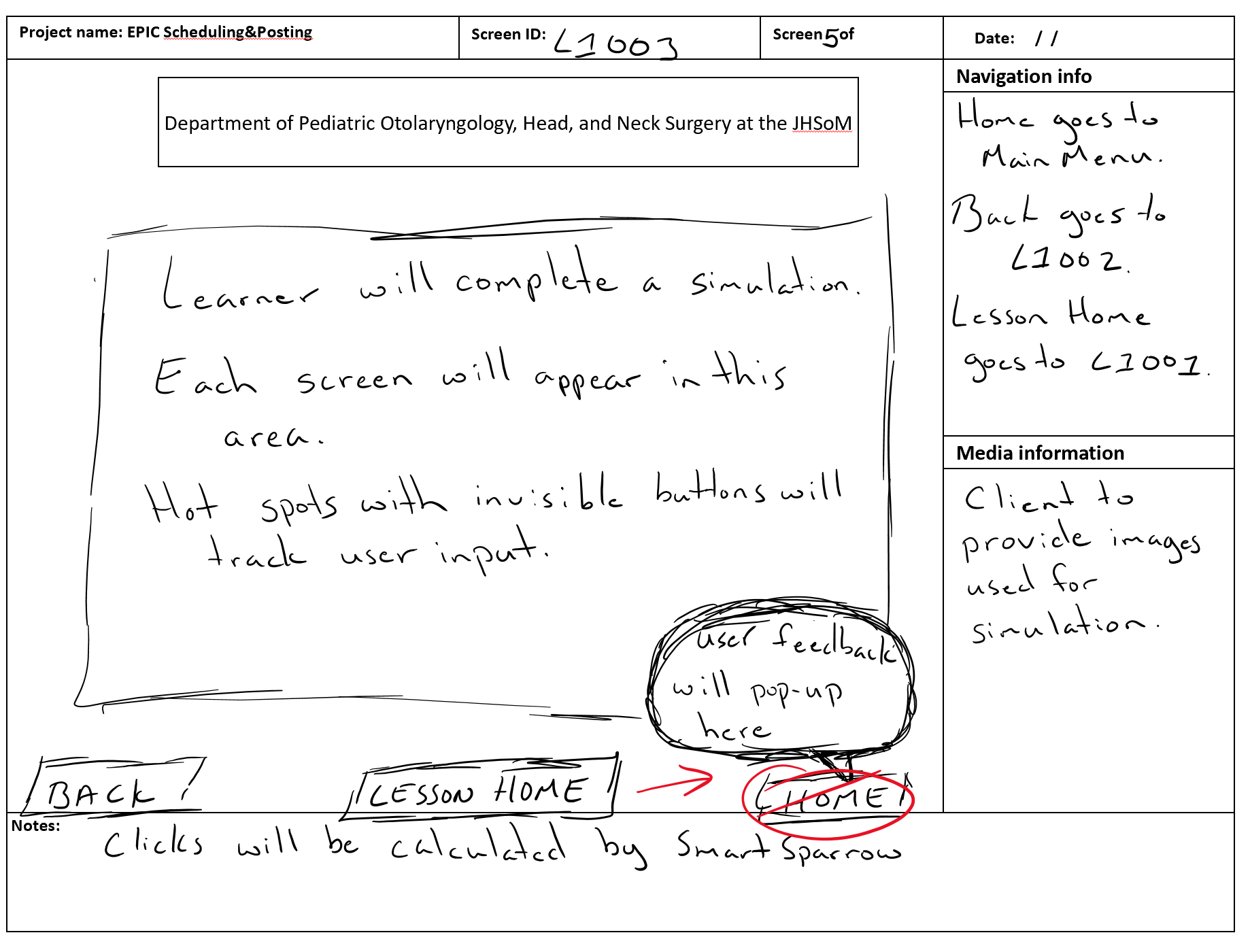 Client feedback in red on storyboards