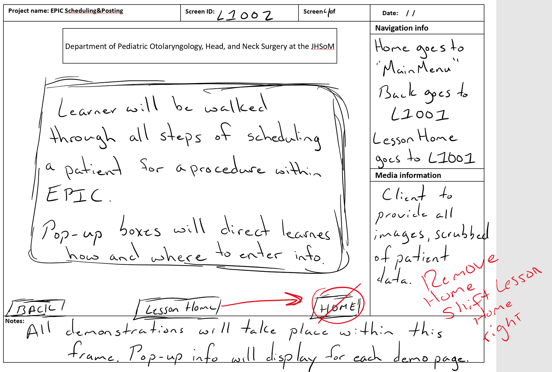 Client feedback in red on storyboards
