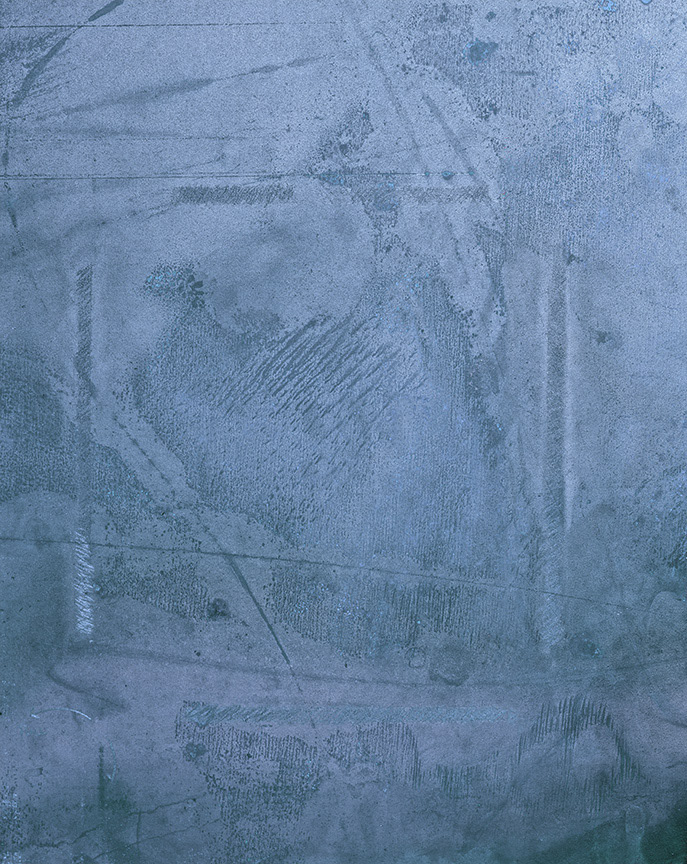 worked steel plate with scratch awl, acid, pencil and water