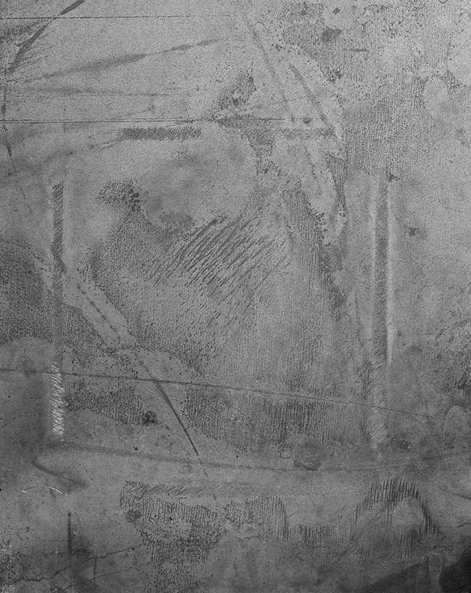 worked steel plate with scratch awl, acid, pencil and water