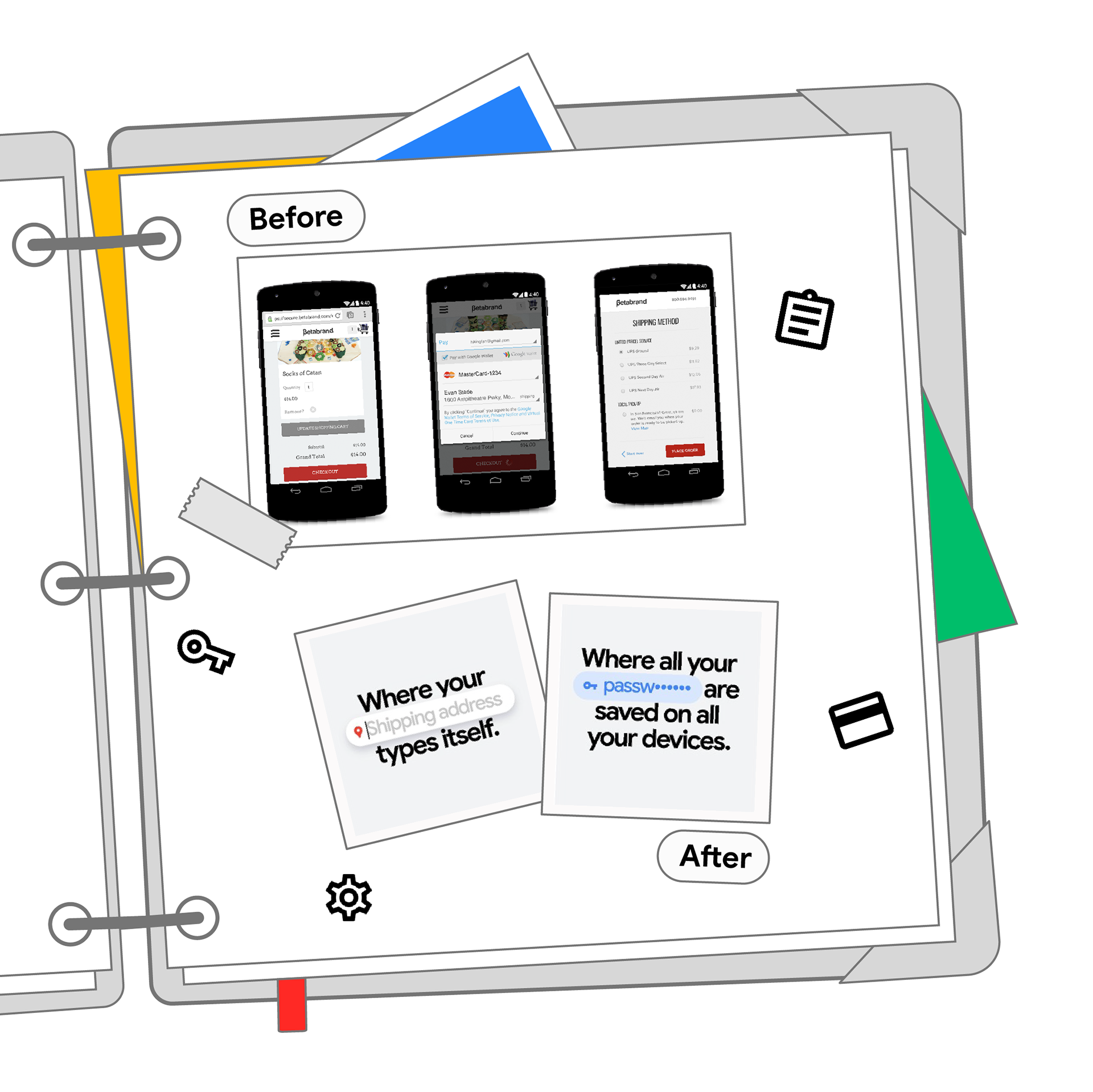 First frame of storyboard featuring the before and after of Chrome's autofill and save features.