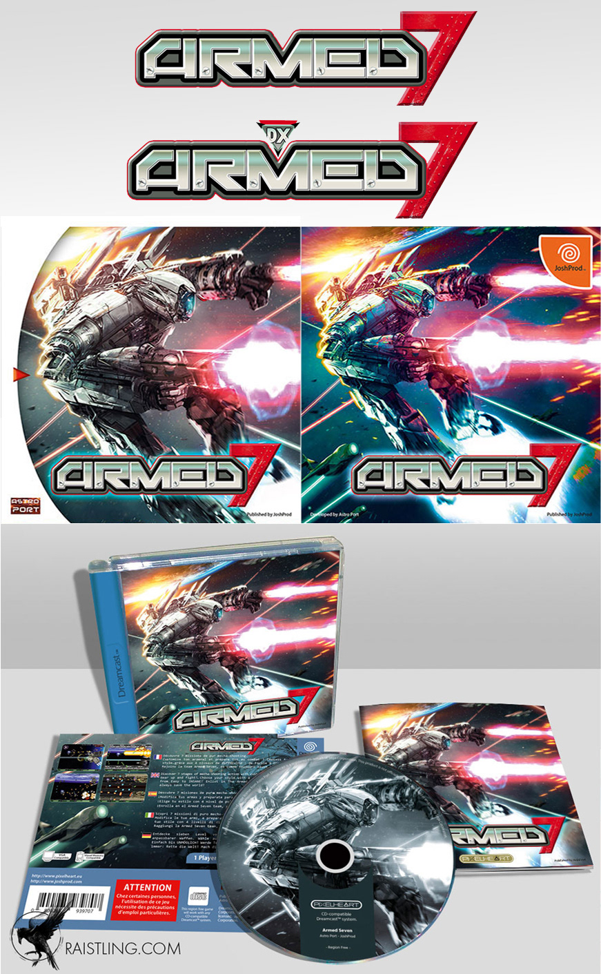 Armed Seven (DX): Creation of packaging graphics and game logo, version Dreamcast and Switch (2019) - Artwork by Lionel Pigaglio. Alternative art version US and jap by me.