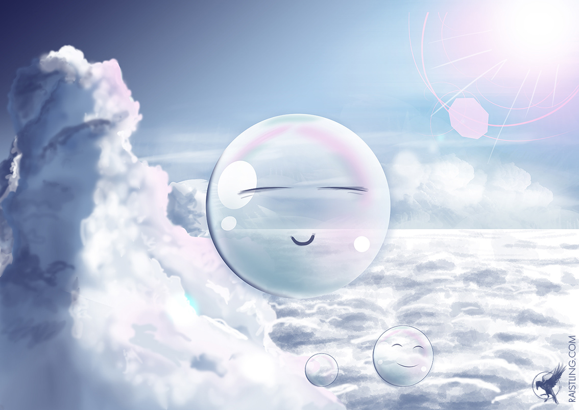 Mam'selle Bubble:  Creation of an illustration on the theme "Sky", for the forum Café Salé (2013) - Small tribute to the song of Tryo and The Ogres De Barback. Technique: Digital painting