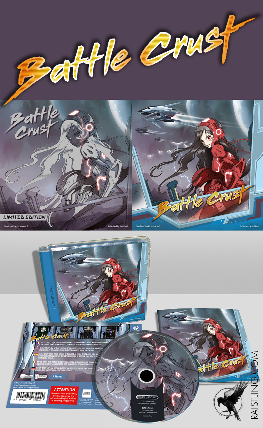 Battle Crust: Creation graphics the packaging and the logo of the game, version Dreamcast PAL (2018) - Artwork by Jérôme Alquié. I made the limited edition version of the artwork (Pantone metallics).