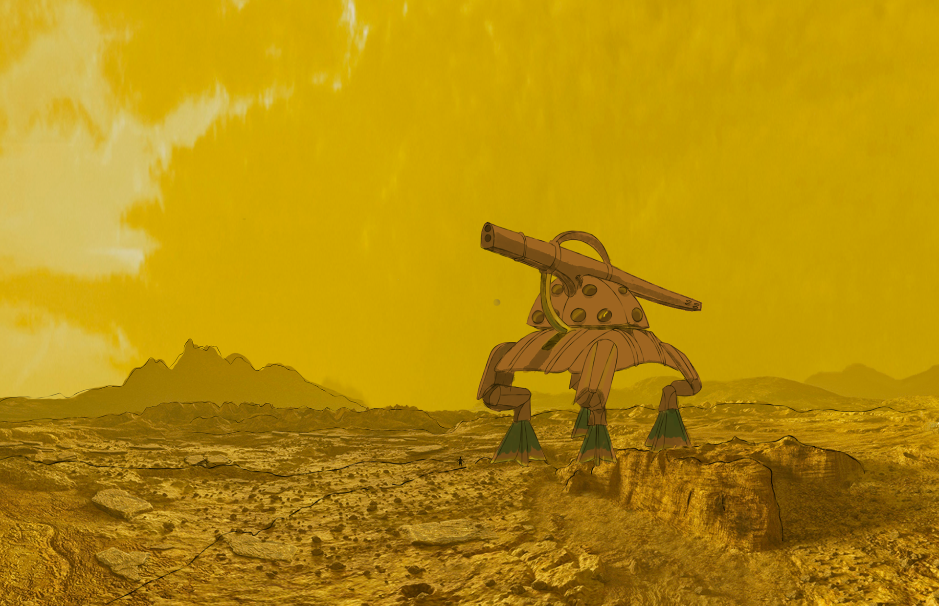 The S.E.N.T.A.R., a monstrous Venerian mining rig, prepping a novel site for extraction of ore and silt.