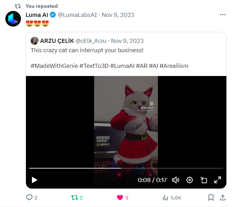 Creative content of the AR experience was featured by LUMA AI on X