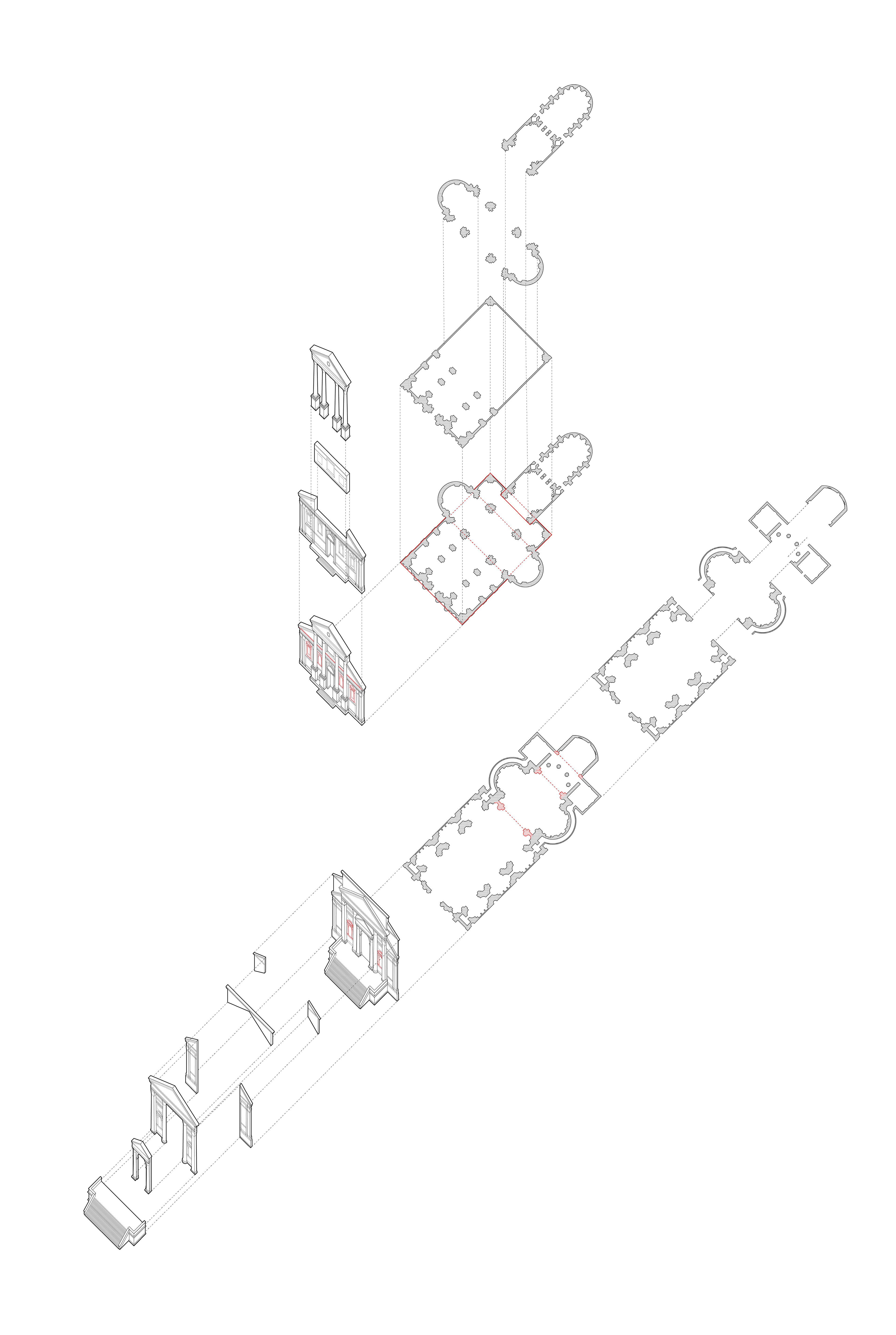 In Il Redentore, Palladio stacks (one on top of the other) the elements of the facade in addition to the plan, so that each part is either viewed or experienced on its own. In contrast, the elements of San Giorgio Maggiore’s facade and plan are intersected (through one another).   I have highlighted in the unaltered plans and sections my evidence for such claims. In San Giorgio’s facade, which I argue is the result of intersections rather than stacking, the lower cornice of the pediment continues through the front portico in and is visible behind the colonnade, something that is not seen in Il Redentore. I have also highlighted the window-like motifs that are carried through the whole facade in San Giorgio, implying intersection yet again. This contrasts Il Redentore, which only has windows on the central portico and not on the periphery.  This is evident in the plans as well. In the plan of Il Redentore, the supports beneath the central dome at the crossing break off from the rest of the grid, indicating appended spaces, rather than intersected spaces, whereas in San Giorgio, Palladio continues the rectangular nave past the crossing, and likewise, the apse into the nave. 