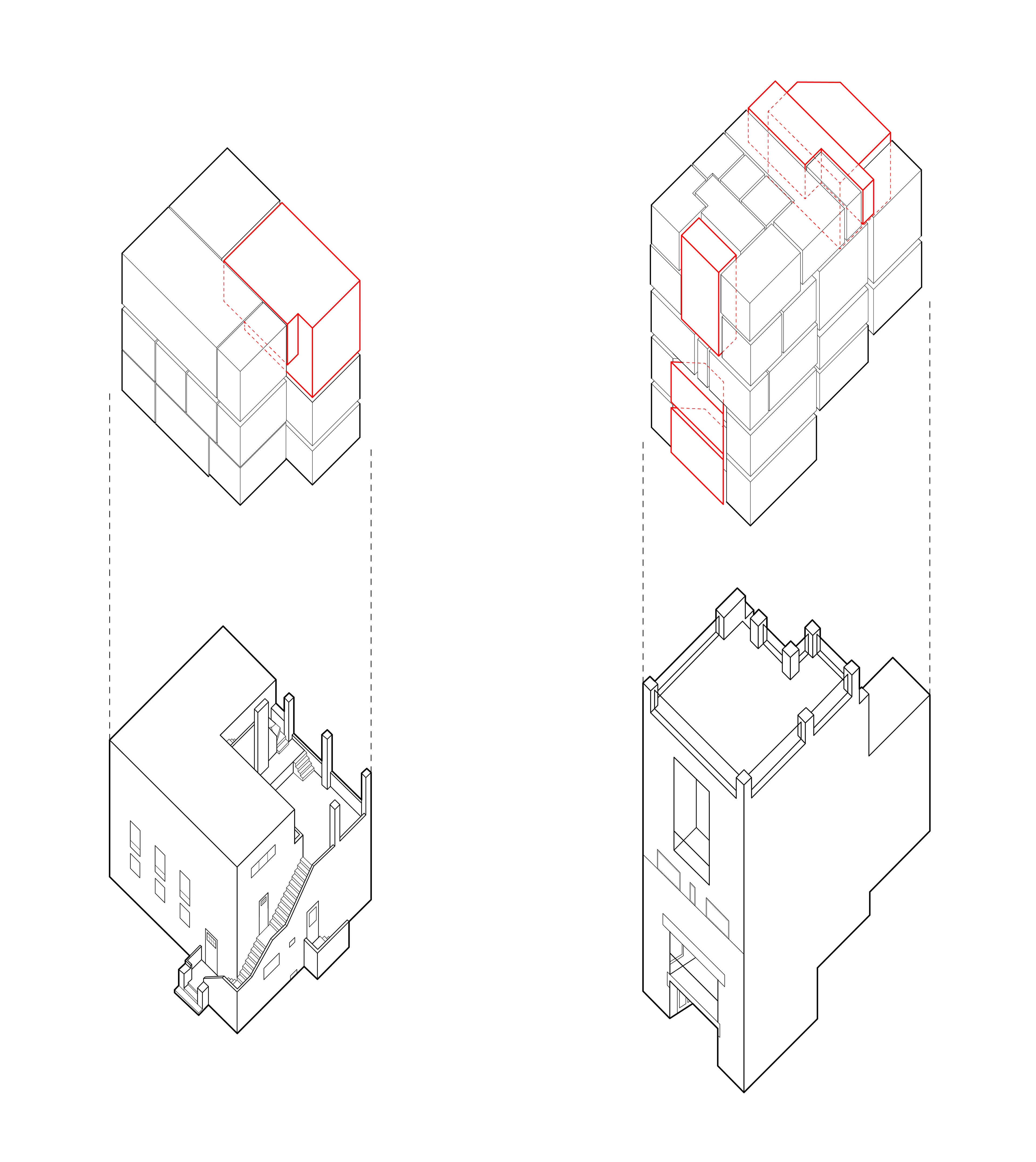 For this drawing, I have visualized both Tzara House and Villa Moissi from the previous week as agglomerations of “spaces” and argue that the terraces in both qualify equally as “spaces” even though they are not defined by literal walls on all four sides. I believe there is a clear bounding box around each building which creates these conceptual walls which bound each of the terraces as though the terraces were previously rooms that Loos subtracted from the overall mass of the building.