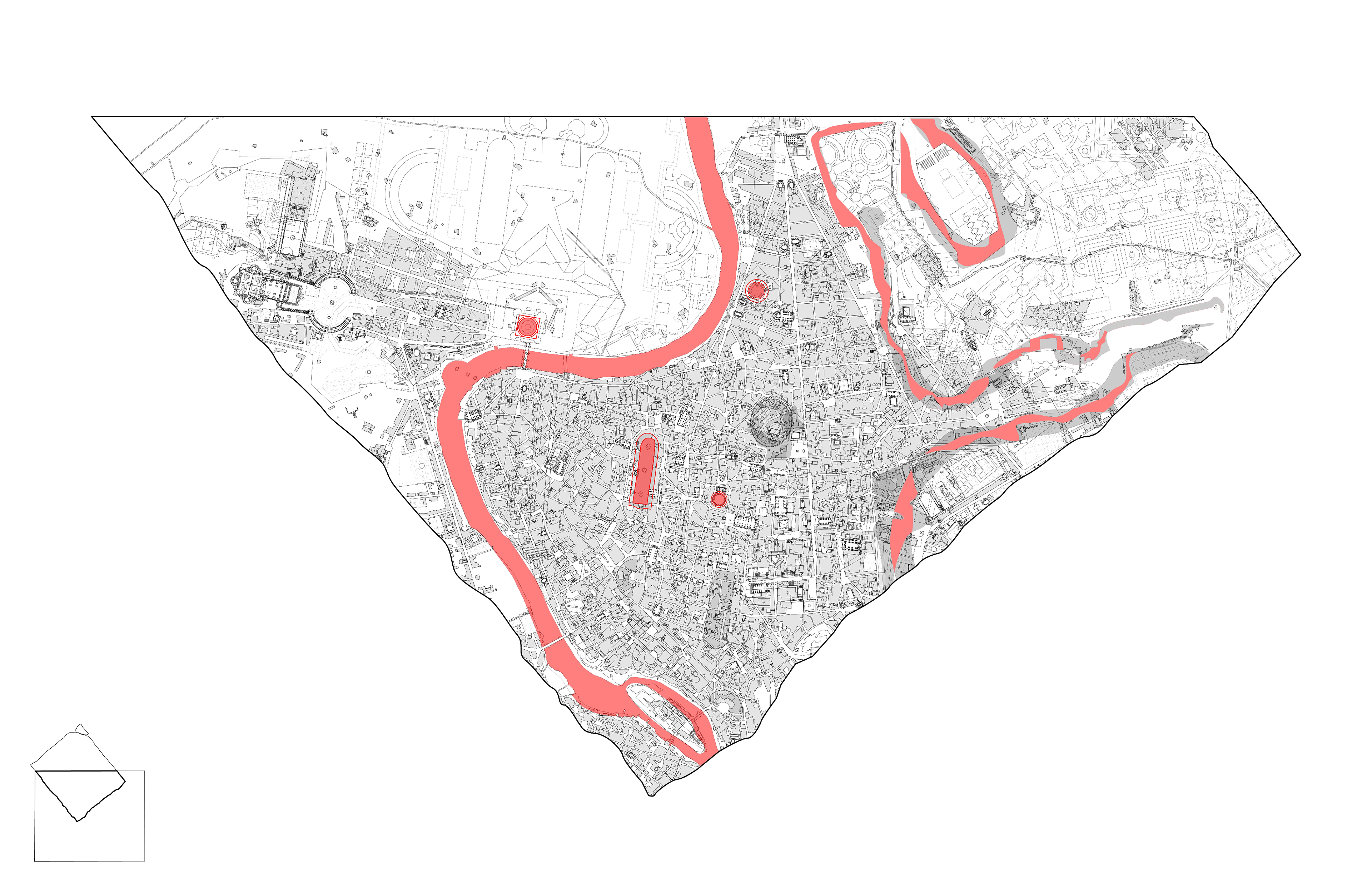 While considering Nolli as primarily a surveyor and cartographer and Piranesi an archaeologist and antiquarian, I hypothesized that Piranesi’s map of invented “ancient monuments” would likely be derived from Nolli’s highly accurate map of Rome. My analysis consisted of a superimposition of the two maps at equal scales, in order to determine to what extent Piranesi referenced Nolli’s map. The highlighted regions denote overlaps, and from this analysis we can achieve several conclusions:  Firstly, of the over one thousand buildings and public spaces depicted in Nolli’s map, Piranesi chooses to develop only four in their original locations, namely the Mausoleum of Augustus (top right), Castello Sangallo (top left), the Pantheon (middle right) and Piazza Navona (middle left). I suppose he believed these spaces constituted monuments on their own.  Second, Piranesi was heavily inspired by Nolli’s topographical shading, himself shading along a very similar path, even turning the white space in the upper right shaded region of farmland in Nolli’s map into a massive structure of sorts.
