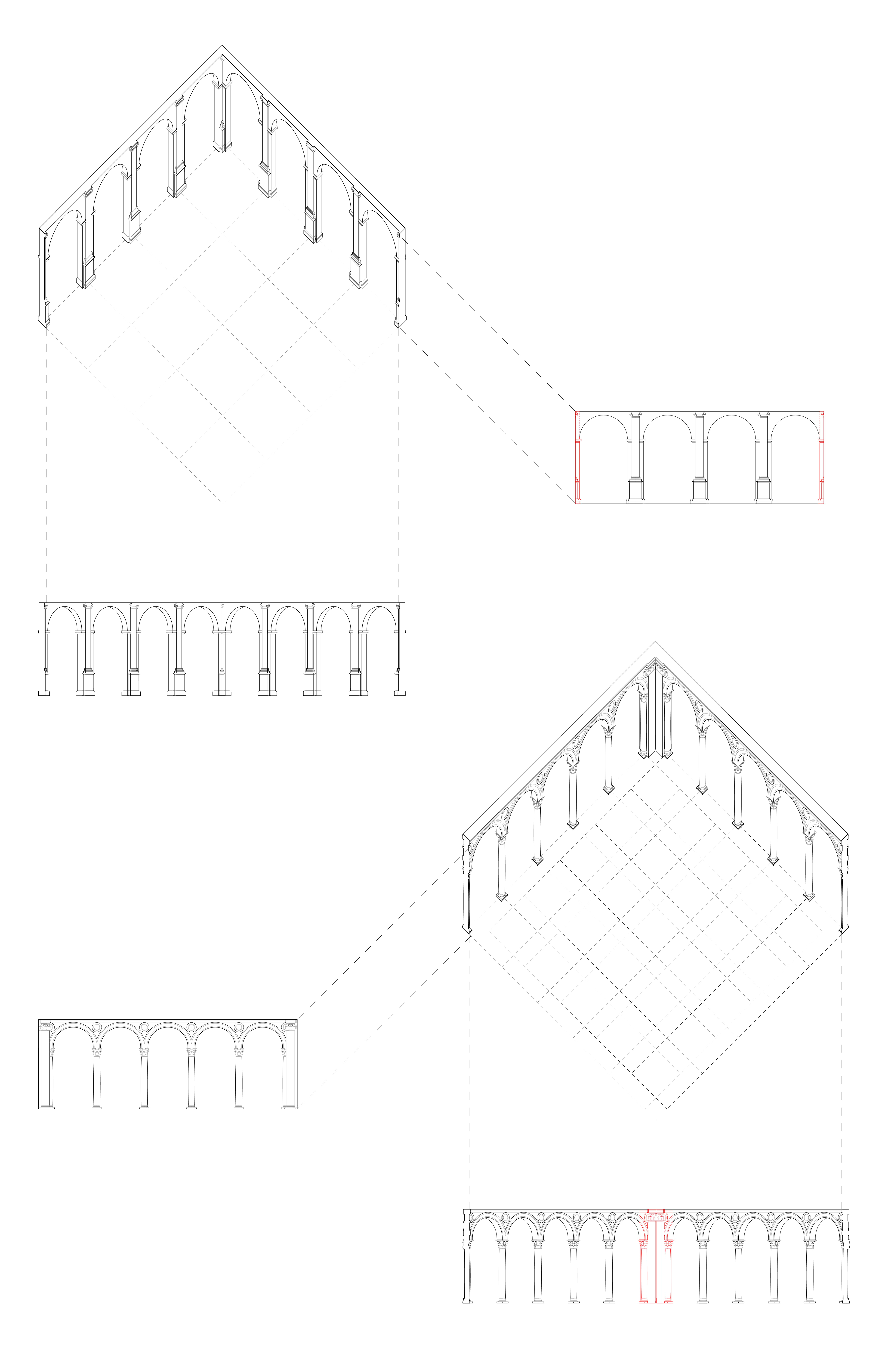 In Santa Maria della Pace, Bramante prioritizes the 45-degree angle view, in line with the ideals of Greek space. He aligns both arcades at the centerpoint of each end column, so that each column, including the corner column, sits on a perfect grid. This results in a corner column that is trapped within two piers, such that when you view the intersection of the two facades from a 45-degree angle, you see he has treated the corner in such a way that there is a part-to-whole relationship, in which the solid-to-void ratio of column-arch-to-open space is no different between the corner and the peripheral arcades. In these terms, both facades together appear almost continuous. However, when we view each facade on its own, axially, we see Bramante falters. We lose this part-to-whole relationship as the columns disappear off to the side.   By contrast, in Palazzo Ducale Urbino, Laurana prioritizes frontality, in line with the ideals of Roman space. By tripling up on the columns in the corner and offsetting the grids by the width of a column, he creates a solid-to-void situation that is somewhat symmetrical and evenly spaced when viewed axially, but which suffers when viewed from a 45-degree angle, with a very thick corner that breaks up the two facades. 