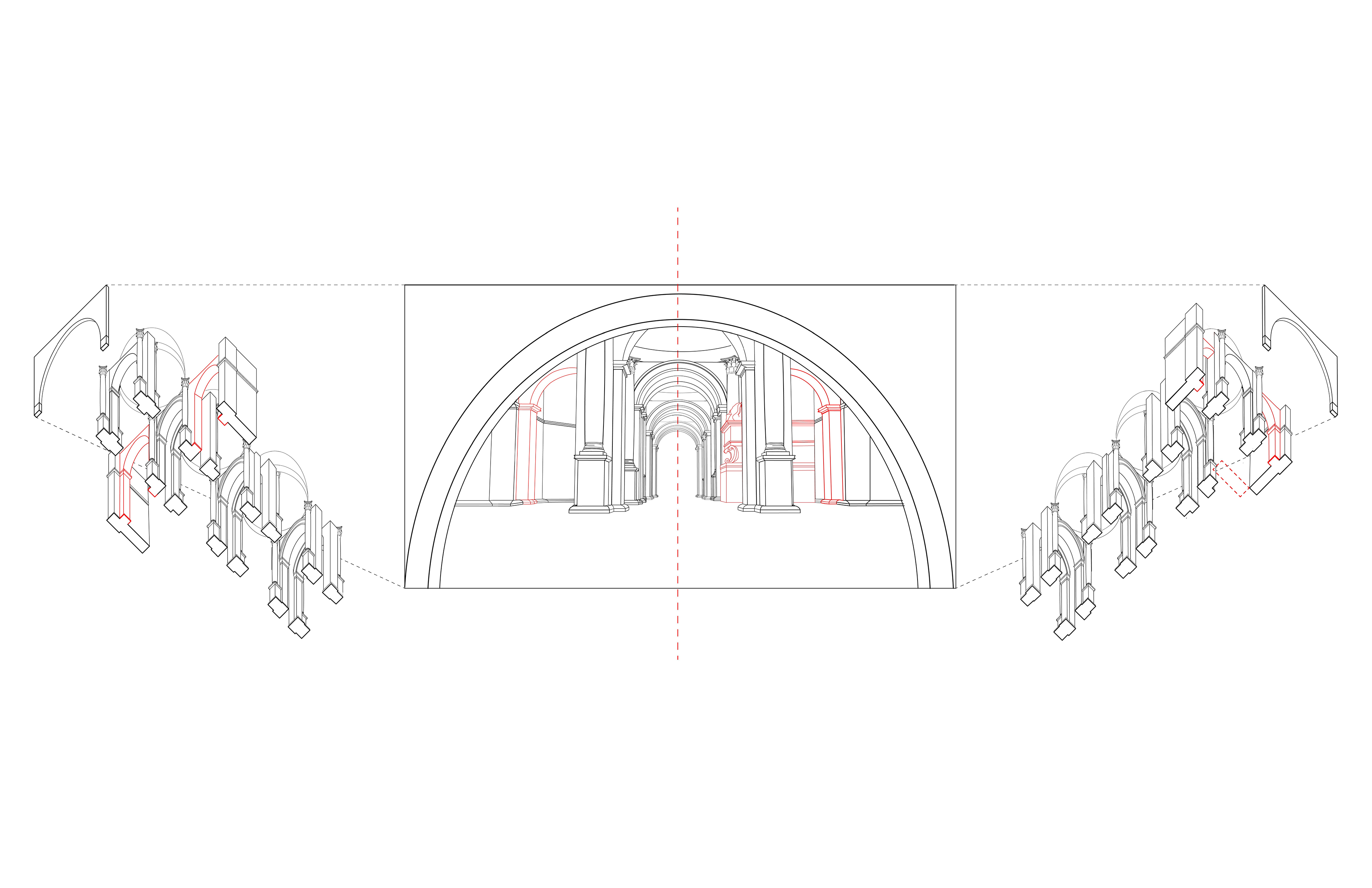 The image in the center is not traced from the painting. Rather, I digitally constructed all of the elements that would be in view and then simply viewed them in perspective from outside the half circles located on the far left and right of the drawing.  During the process of this reconstruction, I was fairly certain about where most of the elements would be put. However, there was one element that was particularly confusing, and that was the arch (highlighted in red in the drawing) on either side. At first, I thought it must be a half-circle in line with the arch just behind the high priest, as it is the same diameter and height as the central arch, but then I noticed the altar-like block center-right, which appears to continue back into the side aisle. If that were the case, it is impossible that the arch could be both behind the altar in the nave, and also in front of it in the side aisle. In my drawing, I argue it can go either way.   On the left, I place the full, half-circle arch in line with the arch behind the priest, behind the altar, and on the right, I place a quarter-circle arch (or buttress) in line with and slightly lower than the central arch nearest the viewer. Regardless of Raffaello’s true intentions, it is possible to rationalize both, and still  have a plausible building.   