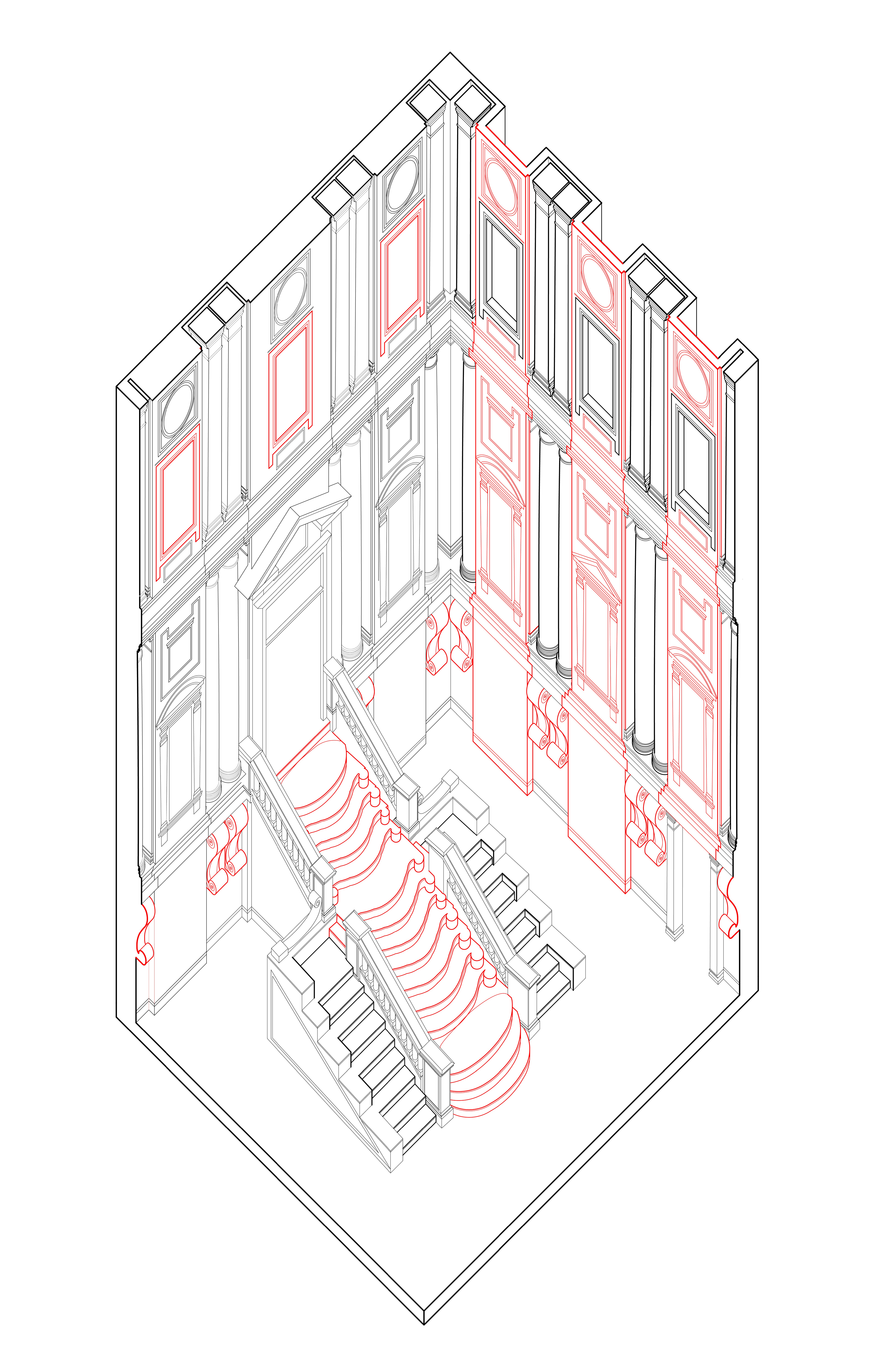 In the vestibule of the Laurentian Library, there is a correlation between the elements that are sculptural, or Mannerist, and between those typical of early Renaissance architecture, or the architectural elements used in the past. That is, that all the unique sculptural elements are impractical while the commonly-used elements are functional and/or structural, or in other words, rational.   In red, I have highlighted the central flight of stairs, flanked by a standard flight of stairs on either side delineated in bold, black. The central stair is as sculptural as it is impractical, so much so that it appears to be off-limits in the majority of photos of the space on the internet, blocked off by two stantions with a velvet rope hanging between, forcing visitors to use the “normal” stairs instead. I also highlight the consoles beneath the columns in red, as contrary to their typical usage, they serve no purpose other than ornament, being that they latch onto the place below the columns rather than support them from below. I draw another dichotomy in the uppermost third of the room, between the ornamental window-shaped reliefs on the left and the actual, functional windows on the right. Finally, rather than highlight the columns for being behind the wall plane as Mannerist, I argue the walls protruding are the unprecedented, sculptural element, as they demand to be seen as structural, but in reality, serve only to enclose the space and pack themselves with ornament. In this case, the columns and pilasters are true to their functions and actually support the roof beams, hence their delineation in bold. 