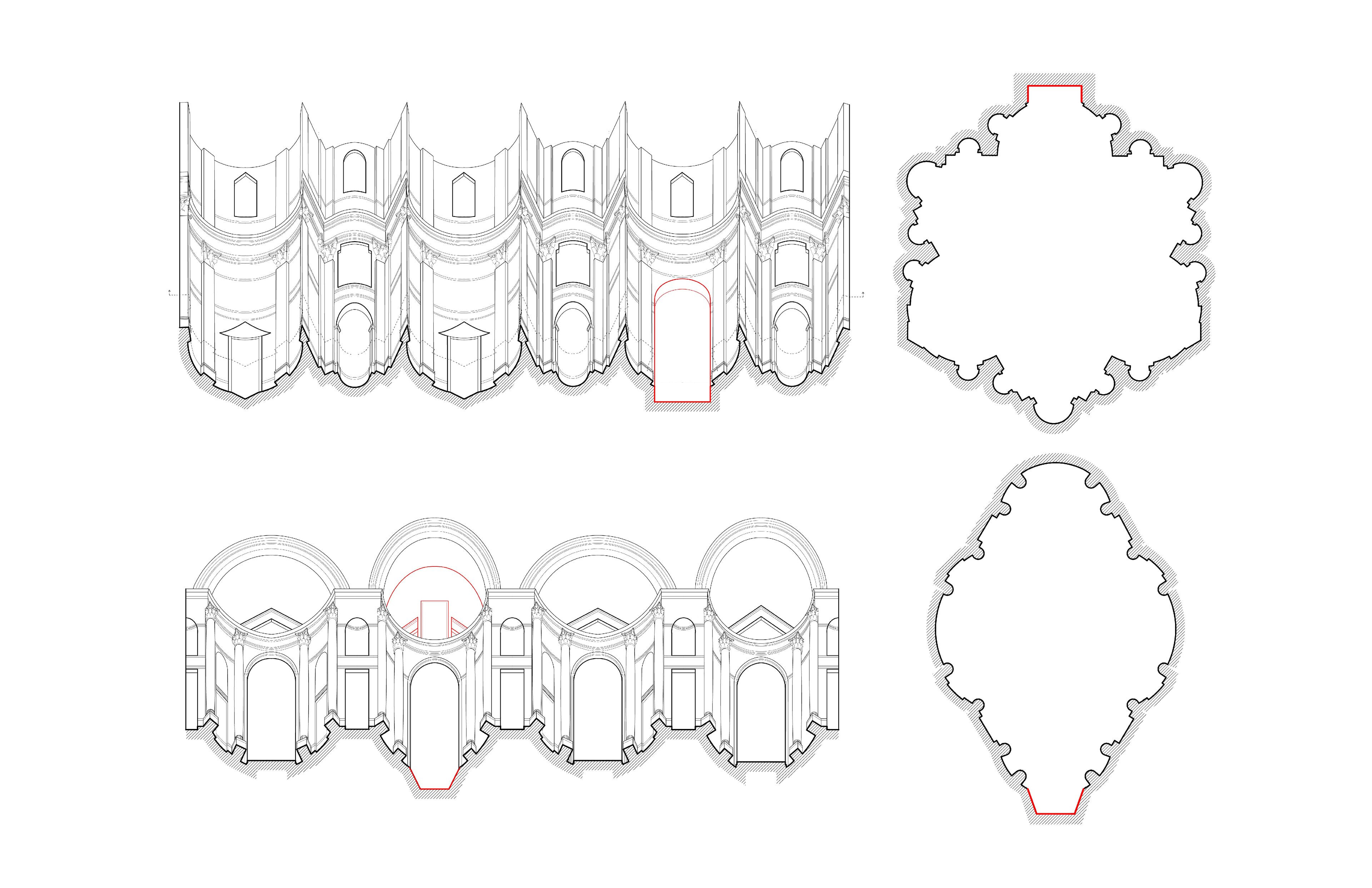 In both Sant’Ivo alla Sapienza and San Carlo alle Quattro Fontane, each second interior facade repeats and in both, the symmetry is broken in one key area. My argument is that in Sant’Ivo, it is the apse that breaks the symmetry, while in San Carlo, it is the entrance. In both churches, Borromini introduces a window at the entrance only. However, in Sant’Ivo, this window does not break the geometry of the space, it is simply inserted behind the geometric opening, whereas in San Carlo, the window cuts through the interior pediment which appears at each of the three other alcoves, differentiating it in form from the other alcoves. In Sant’Ivo, the entrance uses the same geometry as the second alcoves to both its left and right, however the apse uses a completely different geometry than the second alcoves to its left and right, which echo each other but not the apse. 