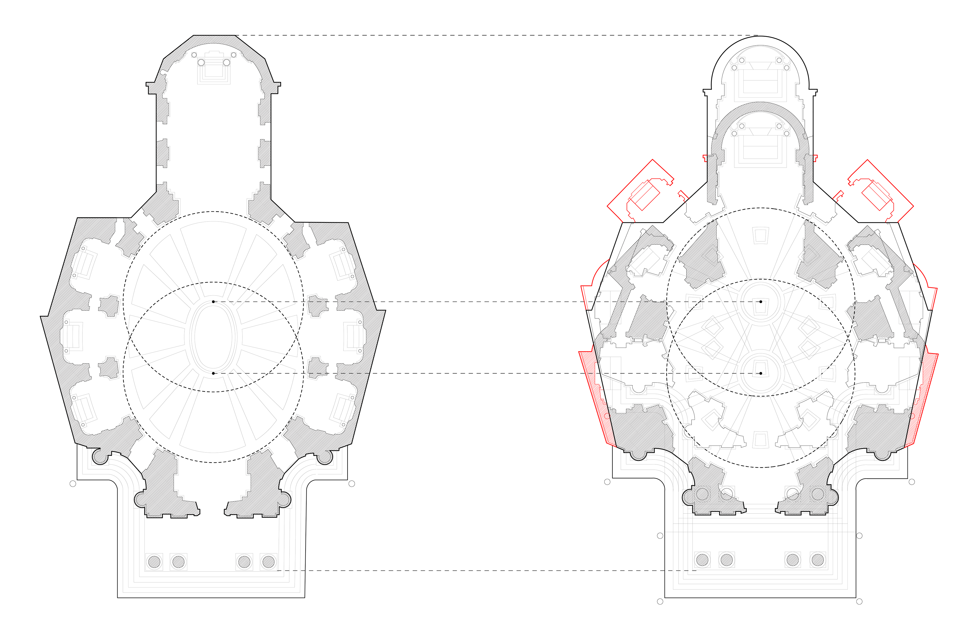 The first thing I noticed when I saw these plans beside one another was that Miracoli was shorter, from entrance to apse, just as the circle has a smaller diameter than the long axis of an ellipse. In my analysis, I essentially duplicated Rainaldi’s plan and offset it, so that each of the centers of both the original and copy aligned with each of the two centers of Monte Santo, respectively.   Through this analysis, I discovered there are many similarities in the silhouette generated by this superimposition and Bernini’s elliptical church silhouette, such that it is possible he performed this same operation of duplication and translation in determining the overall exterior form of his church. The thick black denotes similarity, while red indicates where Bernini deviates. 