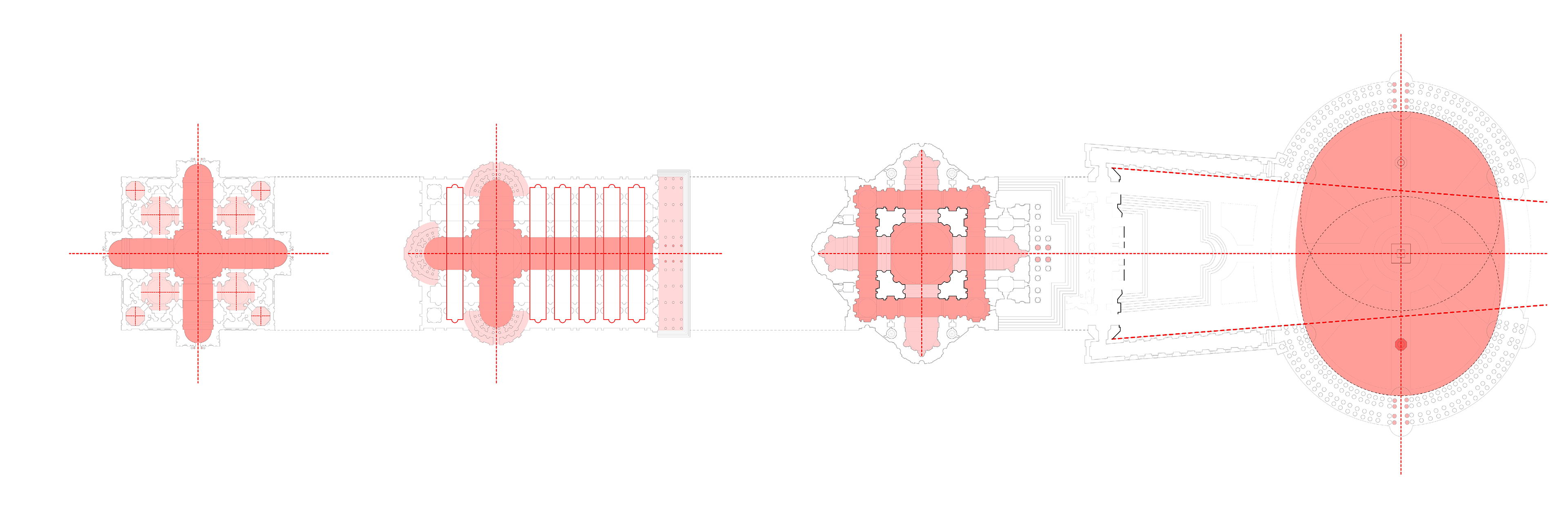 We understood the basilica as a compendium of this course, as a timeline from Renaissance to Baroque. Our diptych highlights four particular moments in its history in chronological order, specifically High Renaissance through Bramante’s plan, the Rational approach to Mannerism through Raffaello, the Expressional interpretation through Michelangelo, and finally, the Baroque through Bernini. Throughout our analysis, we also tackle the intense debate that existed during these periods regarding which typology should represent the Catholic church.  Beginning with Bramante’s 1506 proposal, which was selected by Pope Julius II, we observe a Greek cross with a very clear dialect of part-to-whole, of autonomous parts forming one cohesive whole where everything is in equilibrium and no parts can be added or removed. We also have two main axes with four entrances, a completely symmetrical plan on all four sides.   In Raffaello’s 1514 Latin cross proposal, in contrast to Bramante’s plan, we see a subversion of the relationship between parts to whole, which brings us to the Mannerist period. We no longer have a cohesive whole, but an assembly of pieces from different periods, such as the narthex, the three apses with ambulatories, and repeated bays that can be added or subtracted seemingly infinitely.   In Michelangelo’s 1546 plan, which still stands today, the part-to-whole relationship is entirely different from the previous architects and demonstrates a conflict with the central and longitudinal plan typologies. We have a Greek cross clearly evoking Bramante’s original plan, but with a single, distinct main entrance with a large colonnade and monumental staircase, bringing in this main aspect of the longitudinal plan. We also highlight the sculptural or massive quality of the four pillars holding up the dome, which Michelangelo designed as well. We therefore aim to show that the plan revolves around this dome, and rather than the nine distinct parts as in Bramante, here we have two coming together to form a single space.   Finally, in Bernini’s Piazza di San Pietro, built over 100 years later, the longitudinal-central debate is resolved through the use of a single form, the ellipse, which has two centers, as well as a long axis and short axis. Bernini also designed the south fountain to complement Maderna’s to the north, making the two focal points of the ellipse and reinforcing this axis. The lead up to the facade is trapezoidal in order to counter the perspective and make the building appear more monumental. 