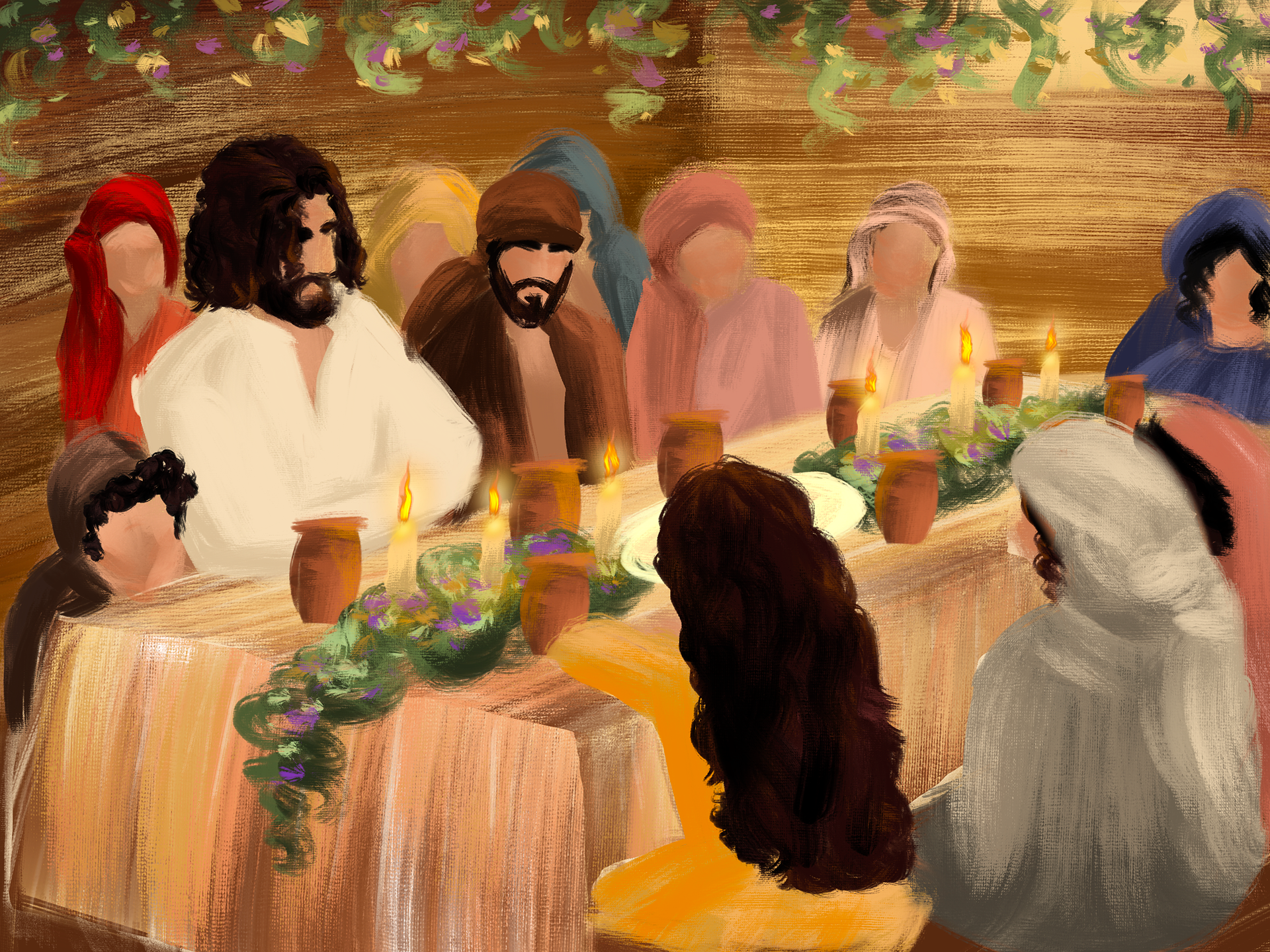 Digital hand-drawn Oil Painting of Jesus Christ having Sukkot dinner with his Family!
