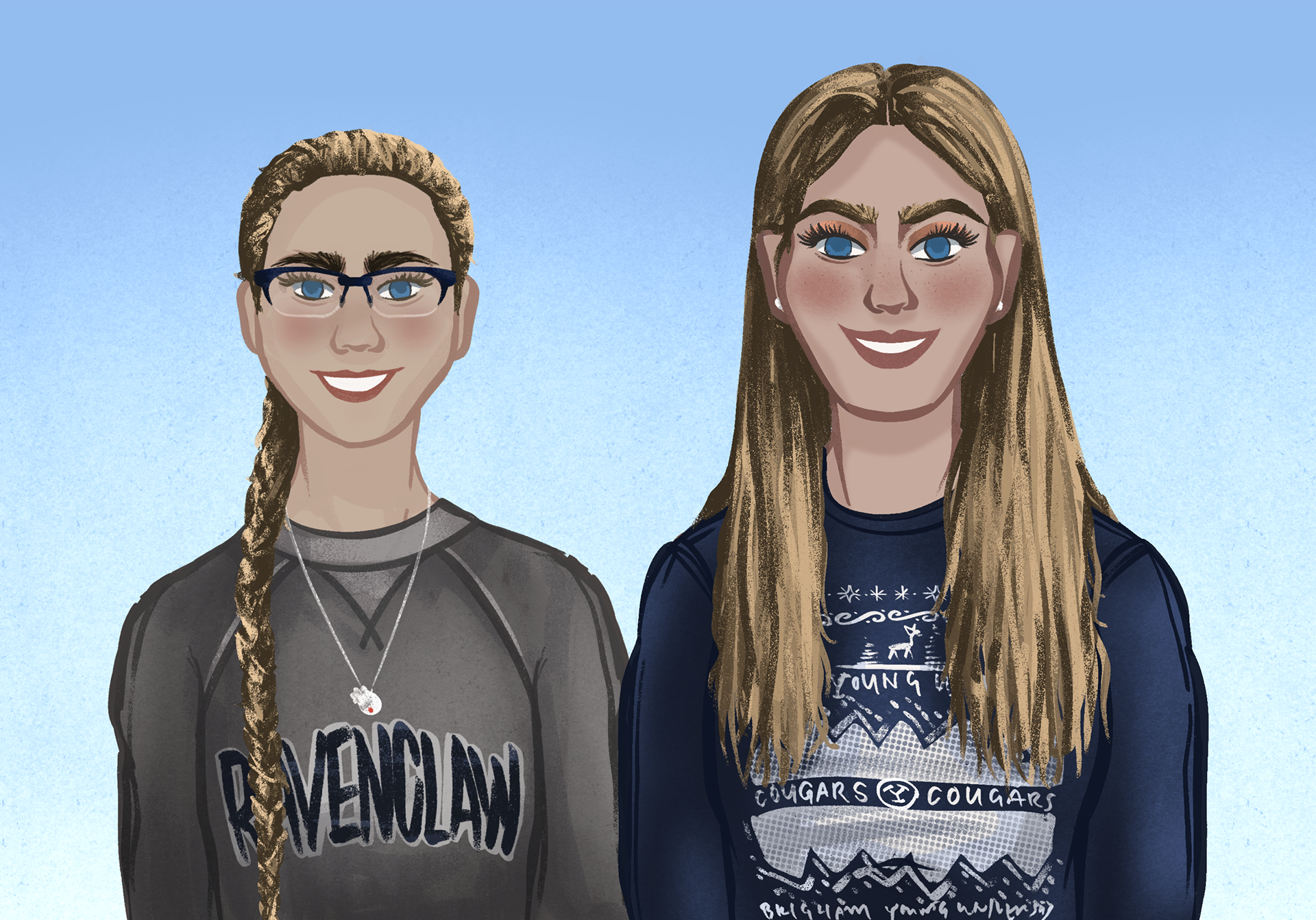 Digital Hand-drawn cartoon rendering of my twin sister (left) and myself (right)!