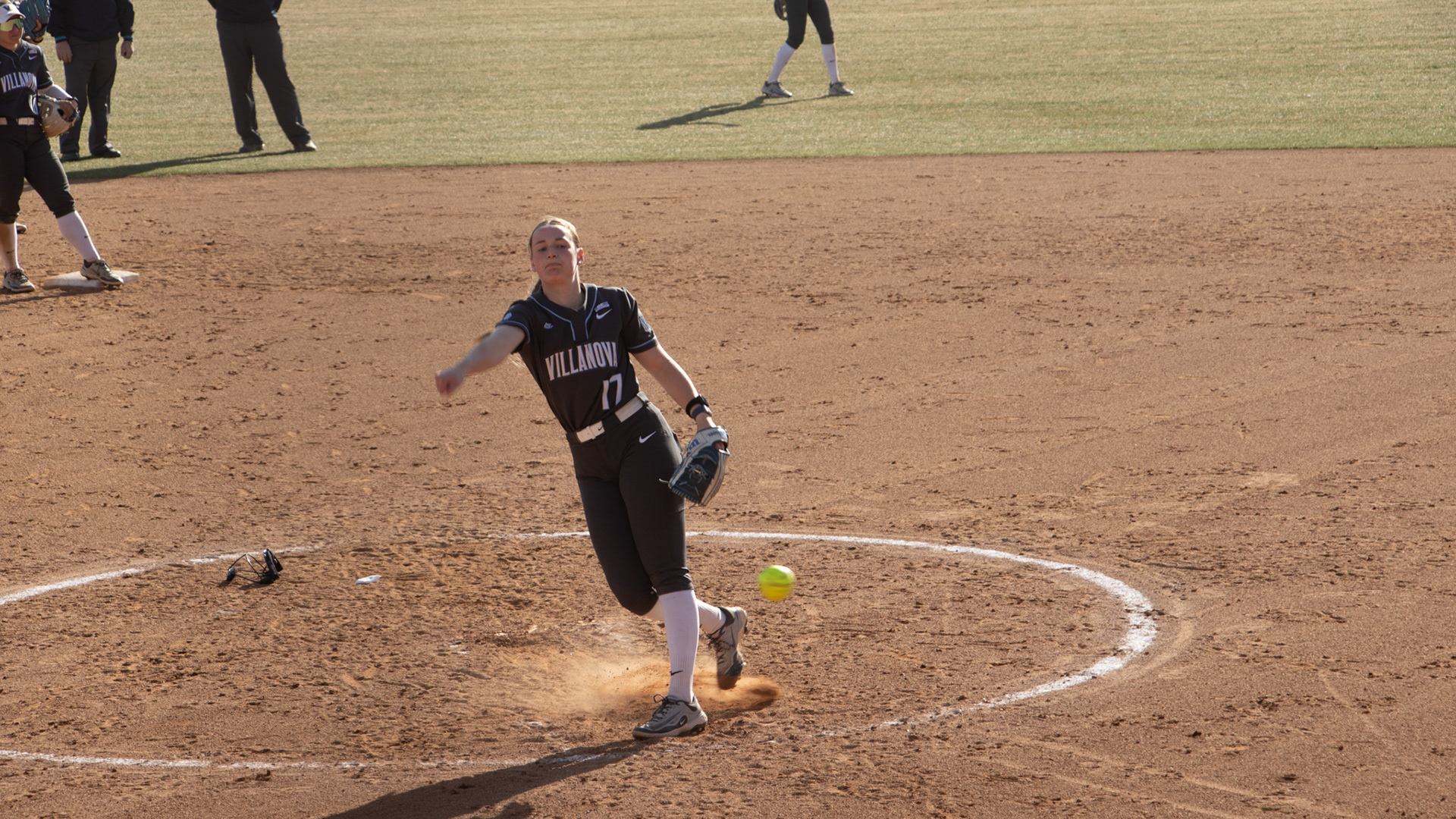 SALEM, Va., March 1, 2025 — Pitch: Villanova pitcher Lexi Kobryn releases the softball during her team's effort against Radford. Photo: Sam Mostow