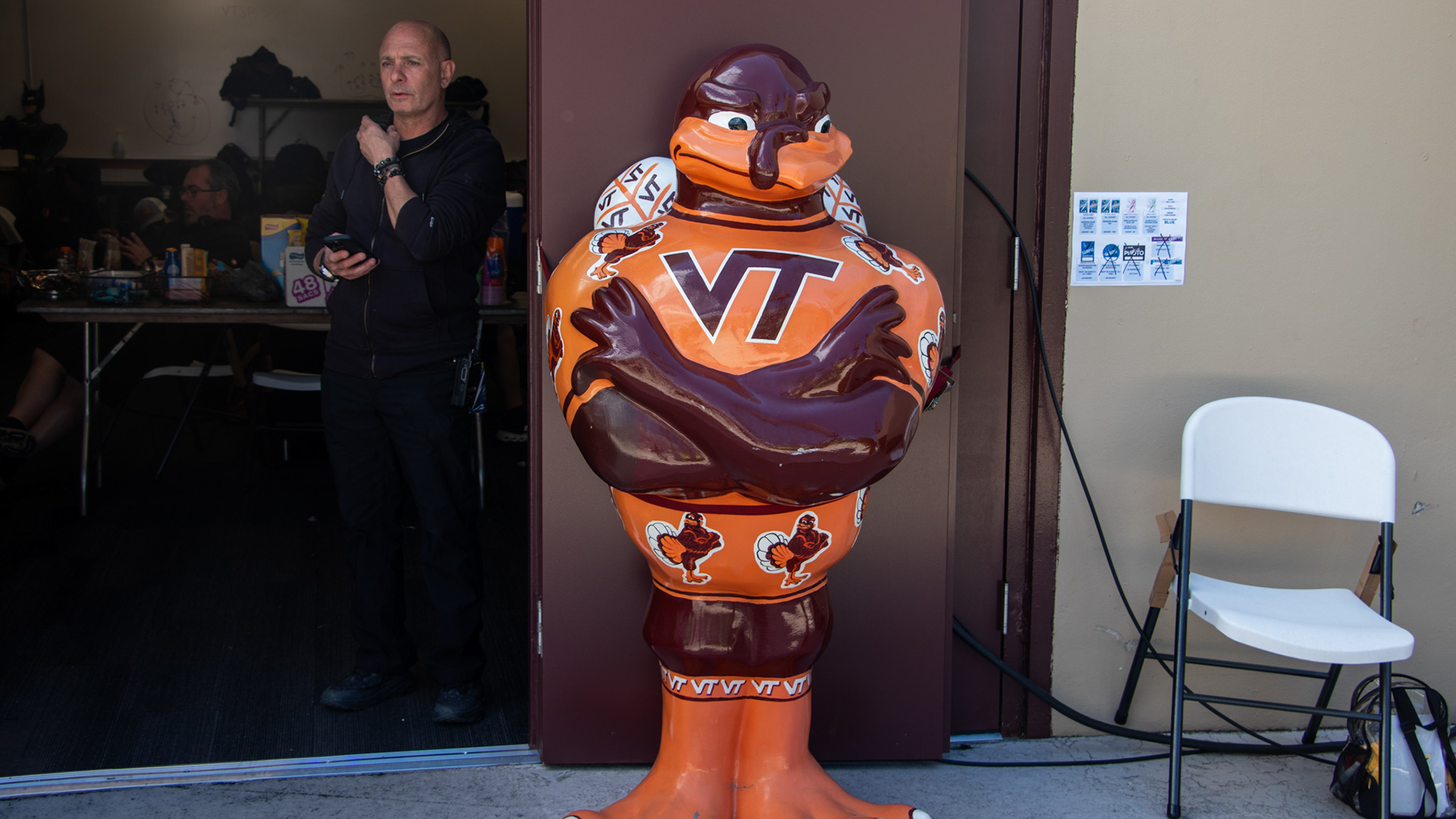 BLACKSBURG, Va., — May 6, 2025 — HokieBird: A statue of the HokieBird rests near the stage. Photo: Sam Mostow
