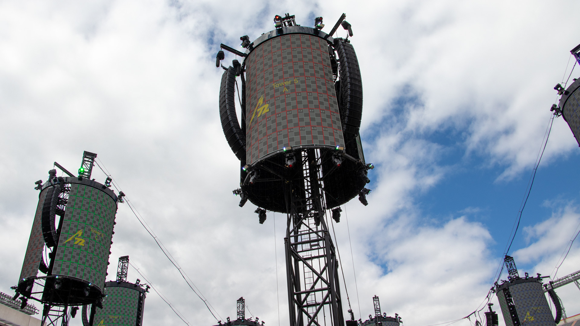 BLACKSBURG, Va., — May 6, 2025 — Tower: Metallica’s Tower No. 5, featuring video screens, speakers and cables holding them. Photo: Sam Mostow