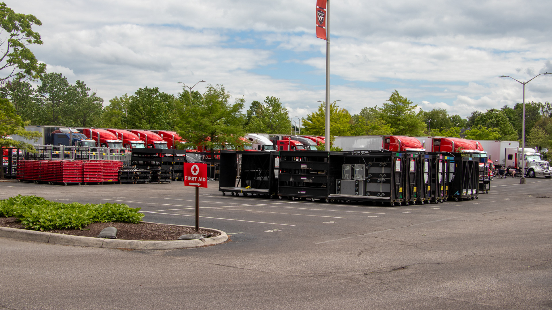 BLACKSBURG, Va., — May 6, 2025 — Trucks: Some of the band’s 87 trucks in the parking lot adjacent to Lane Stadium. Photo: Sam Mostow
