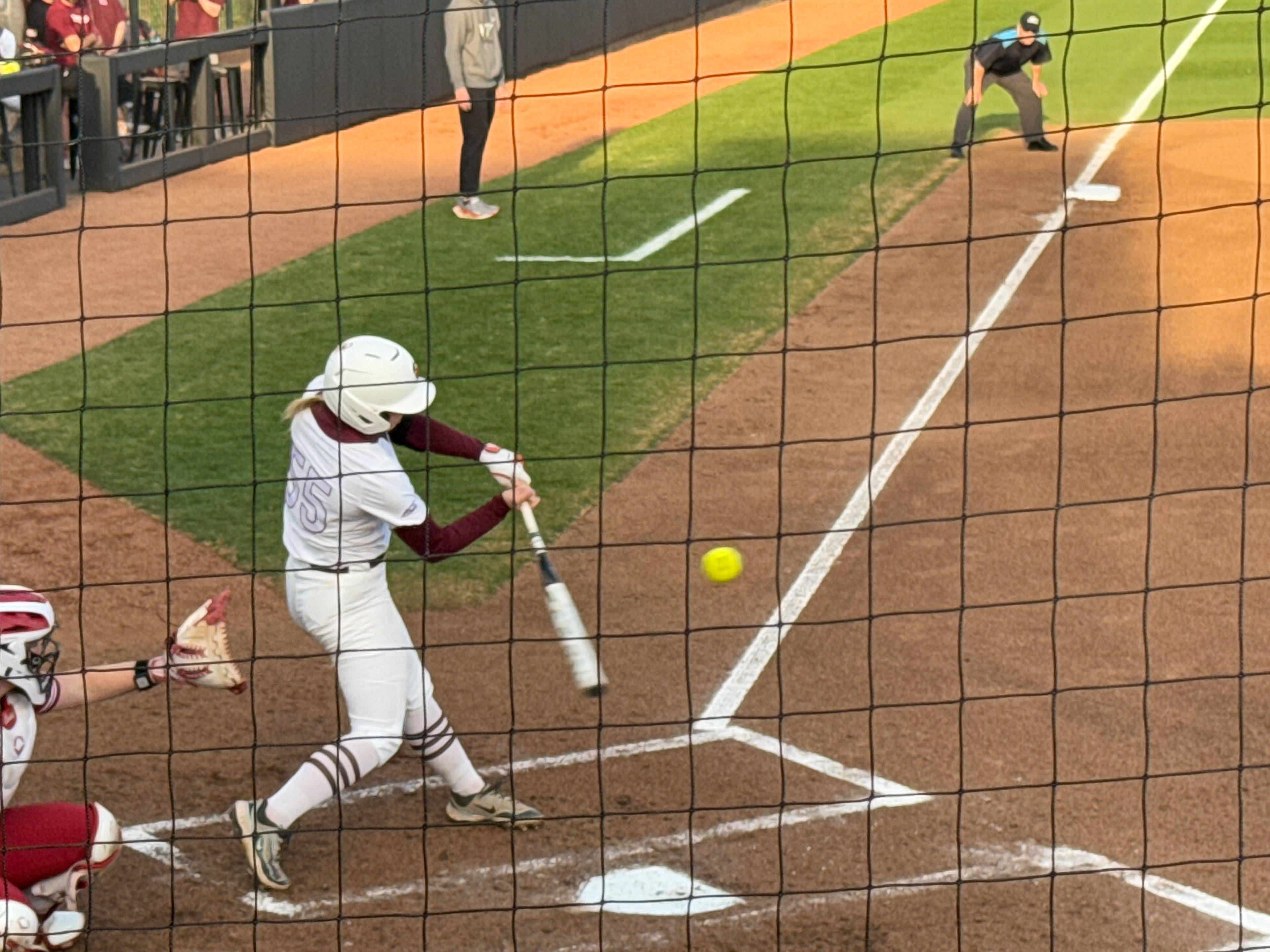 BLACKSBURG, Va., March 28 – Swing and a Miss: Michelle Chatfield, Virginia Tech’s first baseman, failed to connect with a pitch. Photo: Robert Bateman