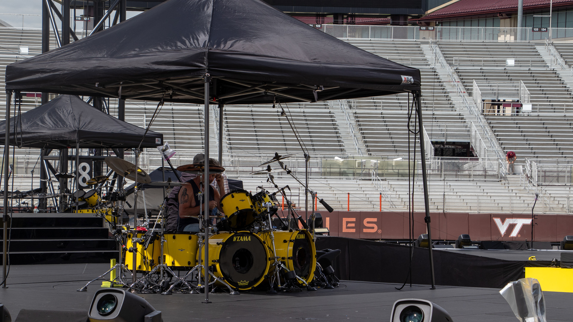 BLACKSBURG, Va., — May 6, 2025 — Drums: One of the band’s several drum sets on its circular stage. Photo: Sam Mostow