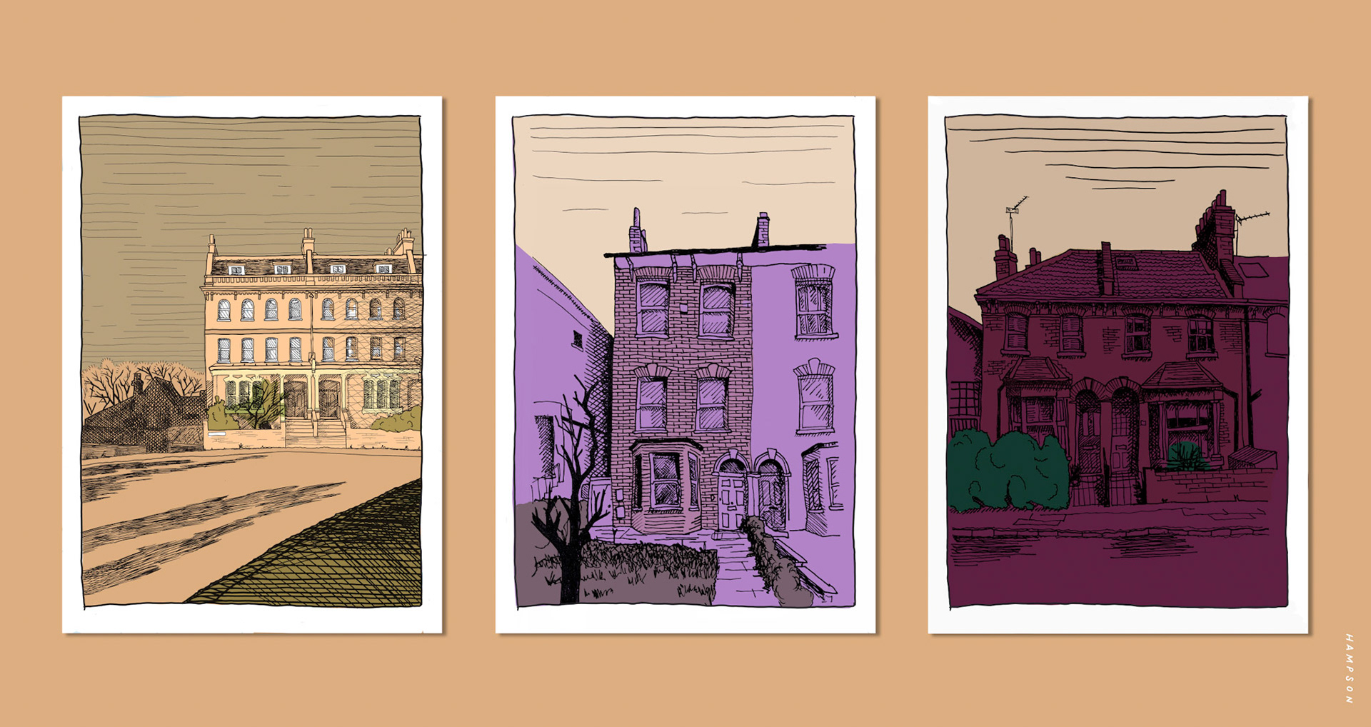 Digitally coloured pen drawings, South-East London, 2025