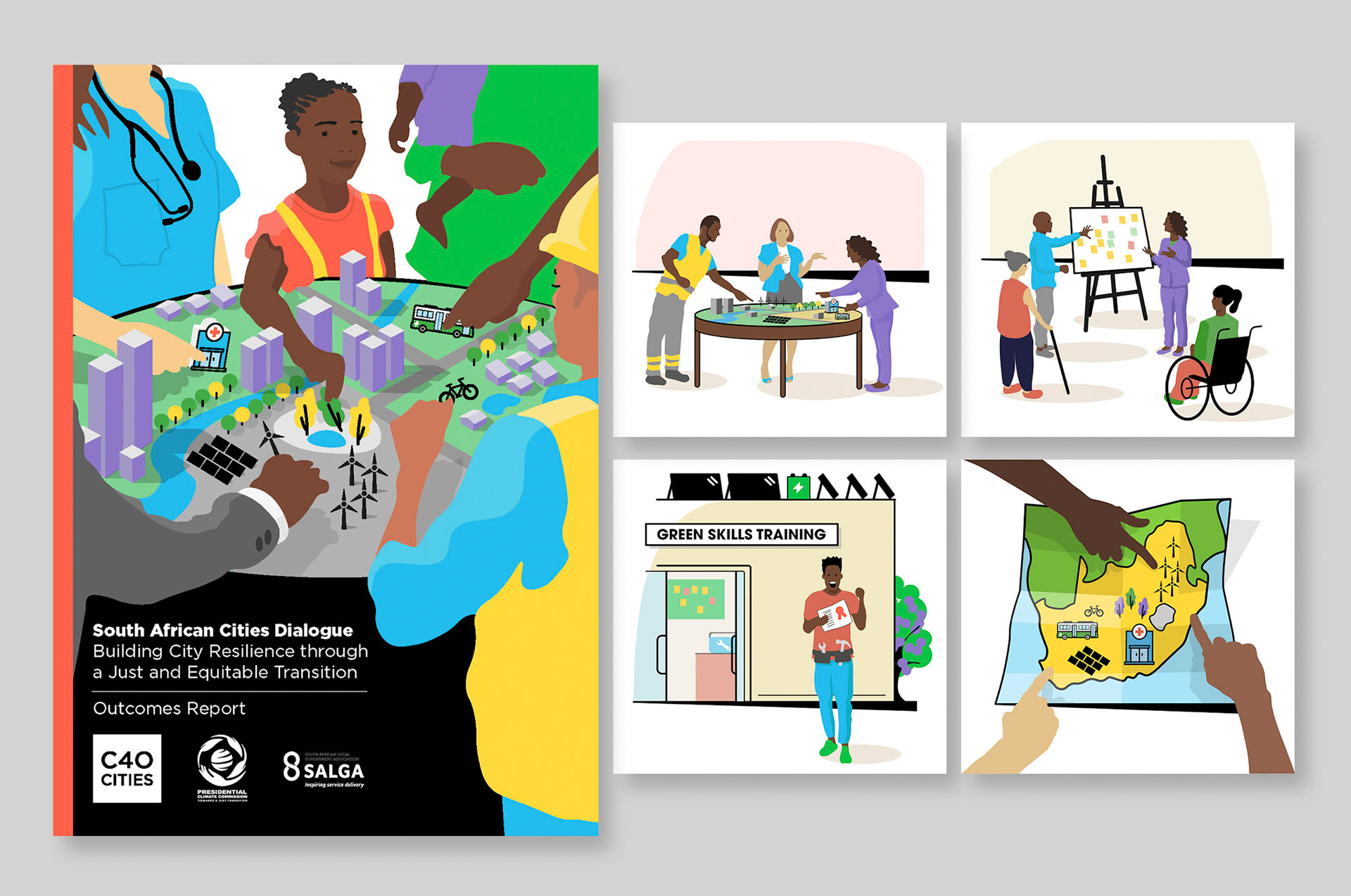 Cover and spot illustrations, final, South African Cities Dialogue, C40 Cities, 2024
