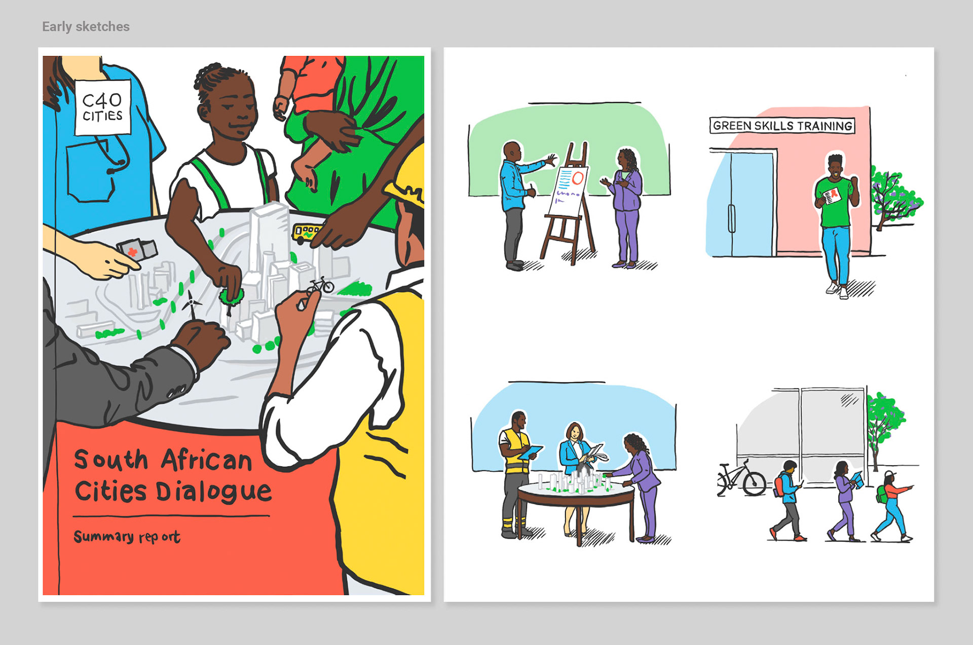 Spot illustrations, early sketches, South African Cities Dialogue, C40 Cities, 2024