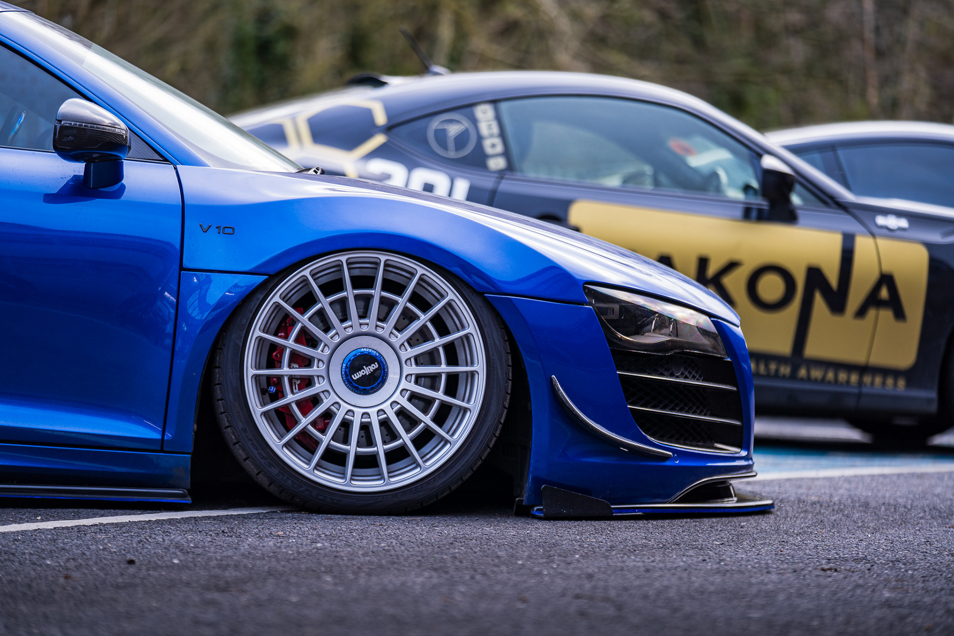 Close-up of alloy wheel Rotiform  and brake detail on performance car Audi R8