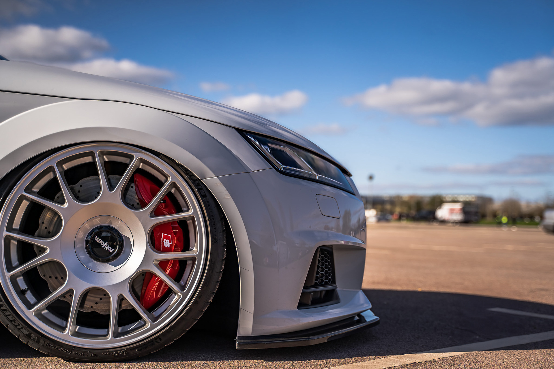 Close-up of performance Rotiform wheel and brake system in daylight Audi TT RS