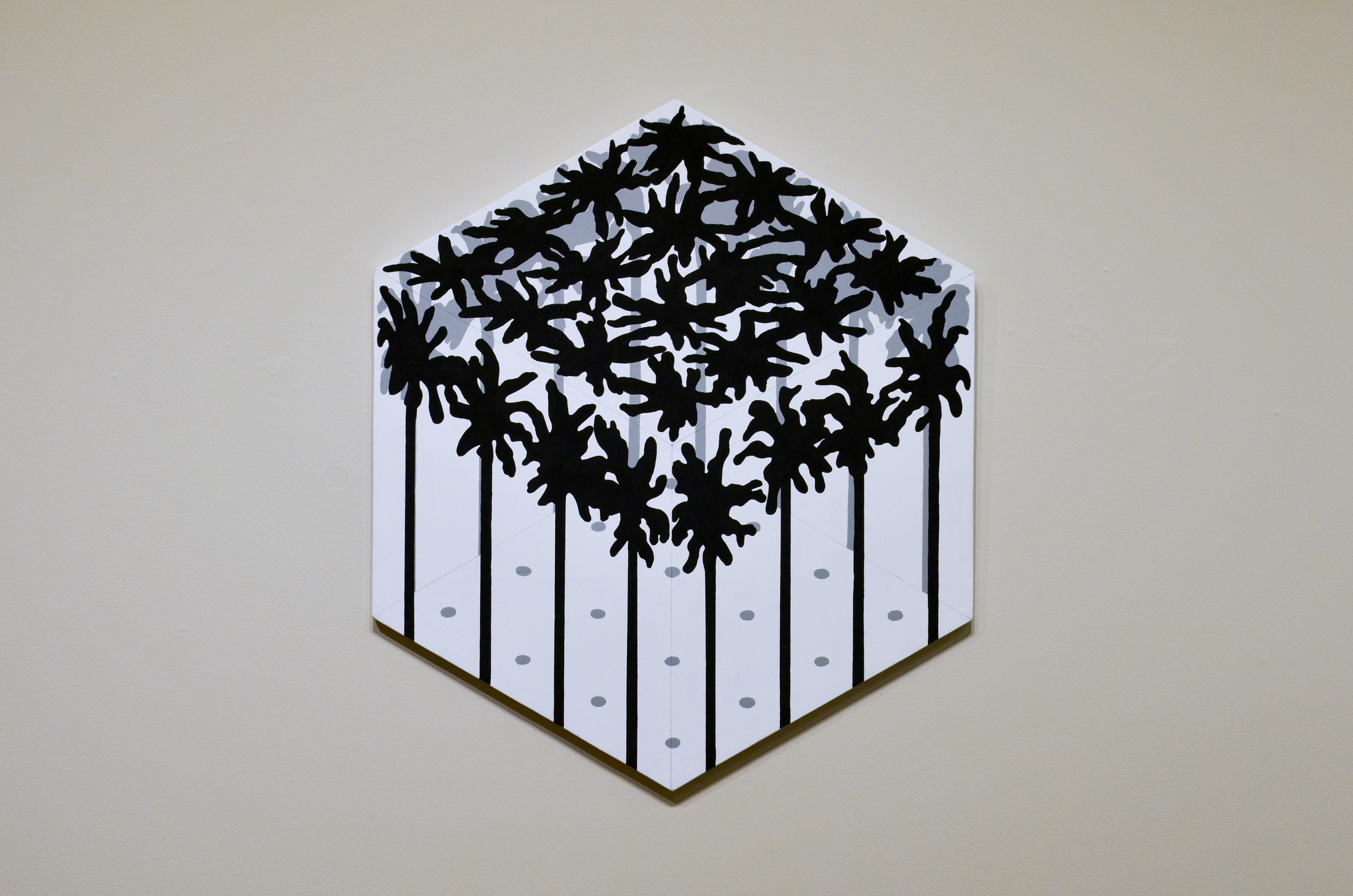 A hexagonal painting depicting a palm tree plantation from the vantage points of front, back, left, right, top, and bottom. The palm trees are black and grey silhouettes, abstracted like shadows.