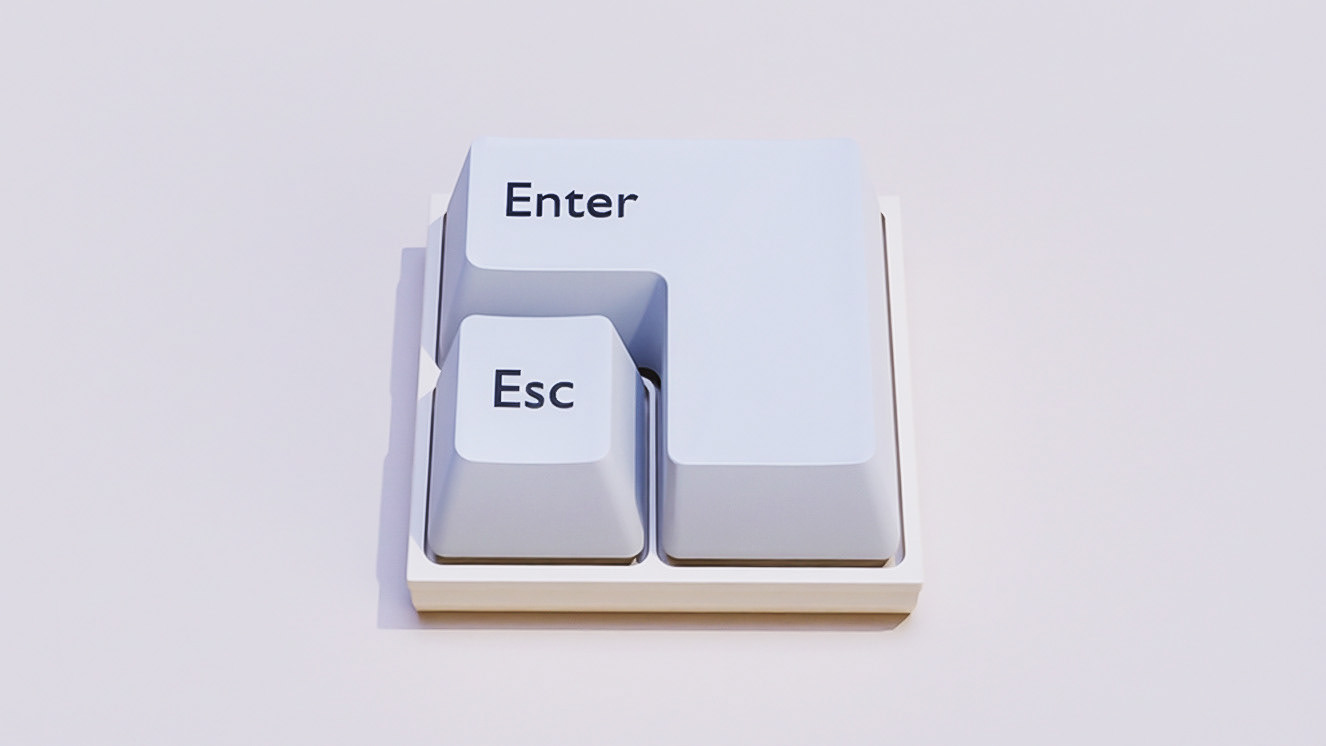 Minimalist 3D rendering of a two-key mechanical keypad on a solid grey background. The keypad features a large, L-shaped white Enter key and a smaller grey Esc key, both with black sans-serif lettering.