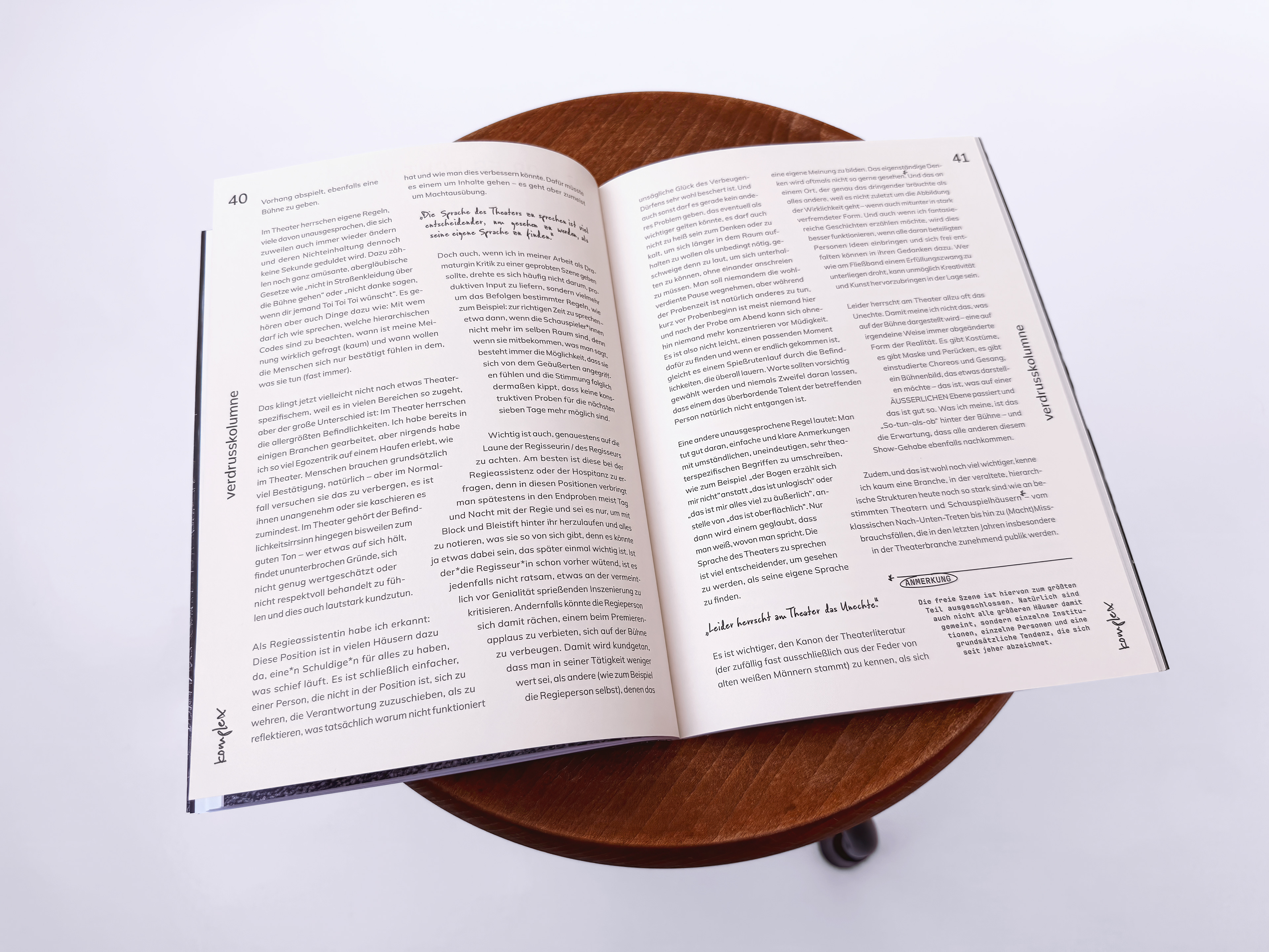 Detailed editorial layout from komplex art magazine [Verdrusskolumne part 2] showing experimental layout, custom lettering, and clean sans-serif Mulish typography.