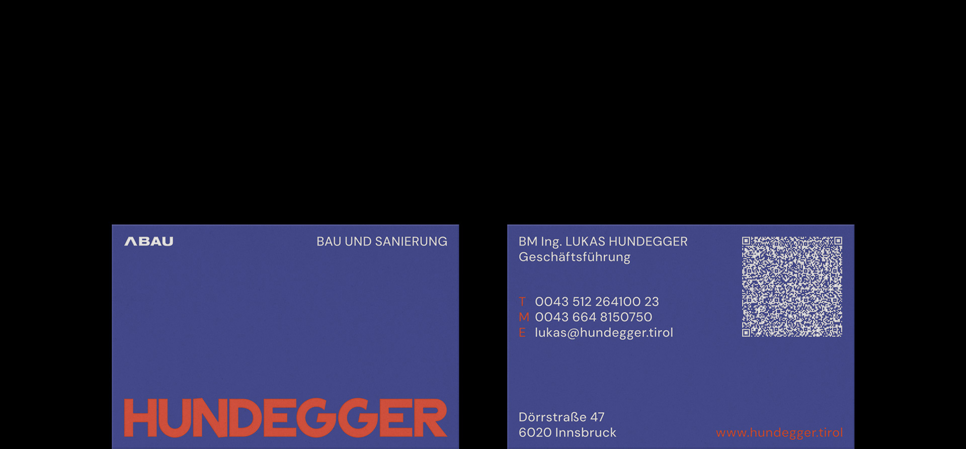 Front and back view of BM-Ing. Hundegger business cards, demonstrating a high-contrast brand identity and structured layout for technical construction services.