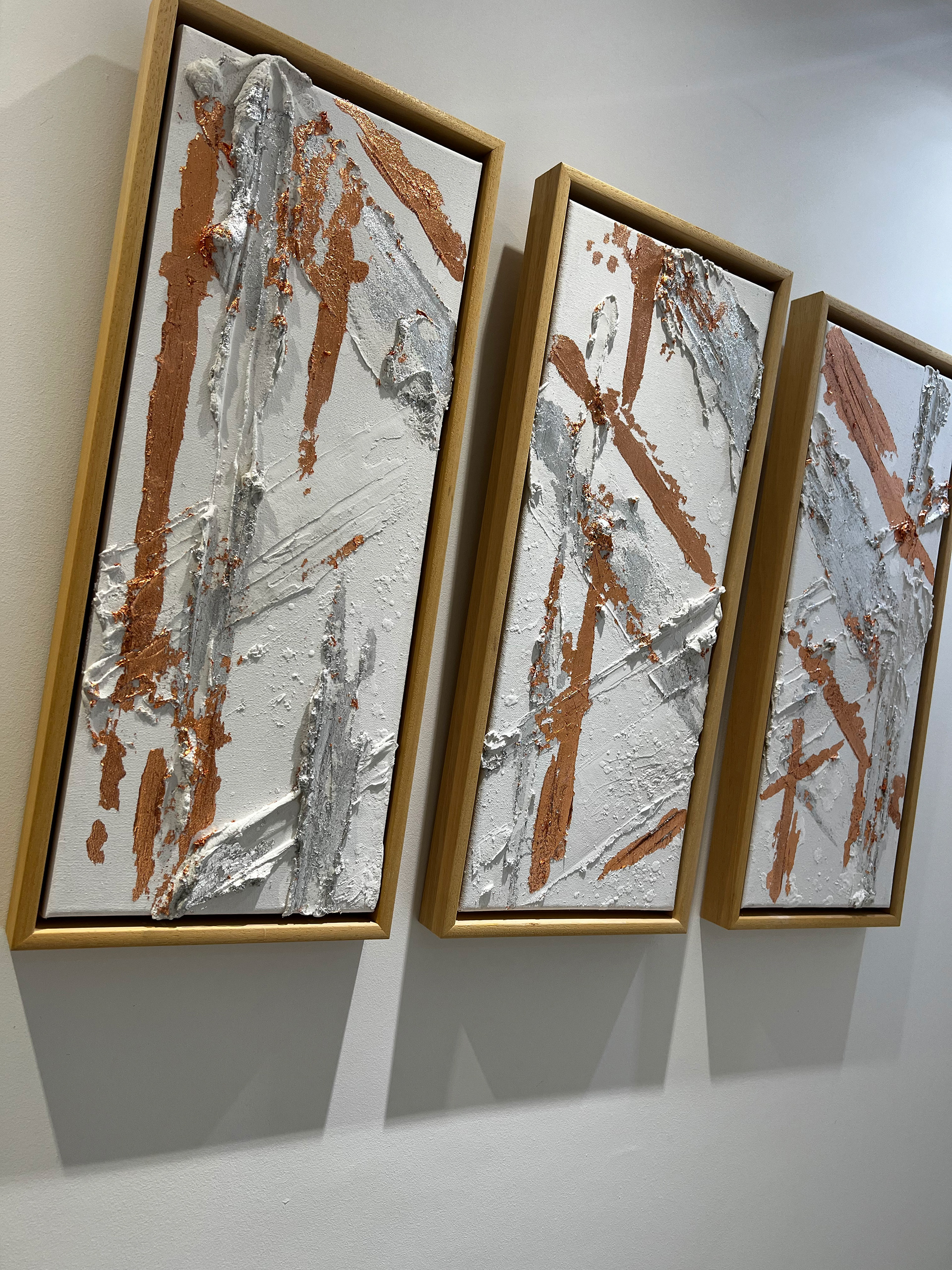 For Sale - Triptych Original Canvas Artwork - Copper & Silver Leaf with Plaster - 30x80cm, 20x60cm, 20x50cm - £480