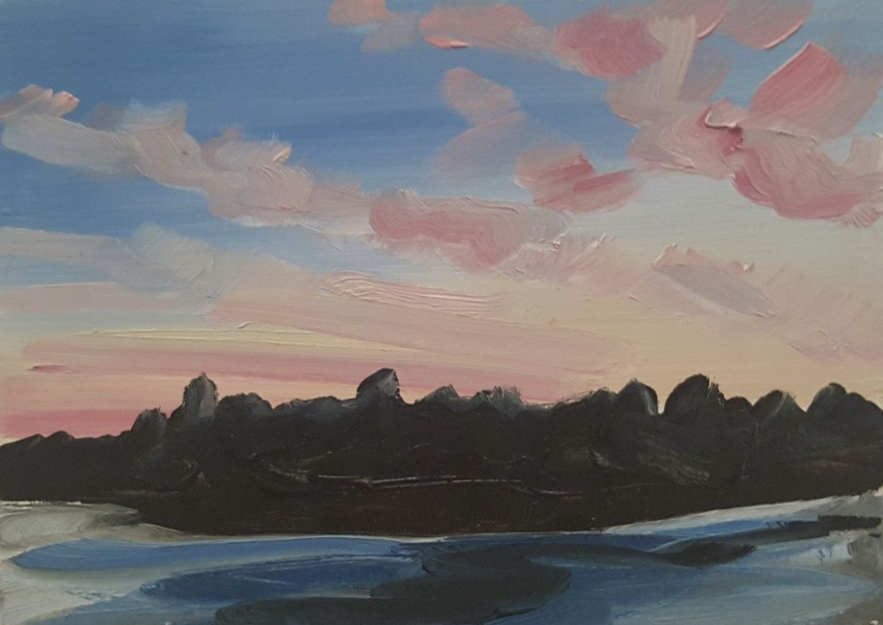 Sunset over Denison, A Little Bit of Everything, oil on board, 5 X 7", 2014, Status: In private collection