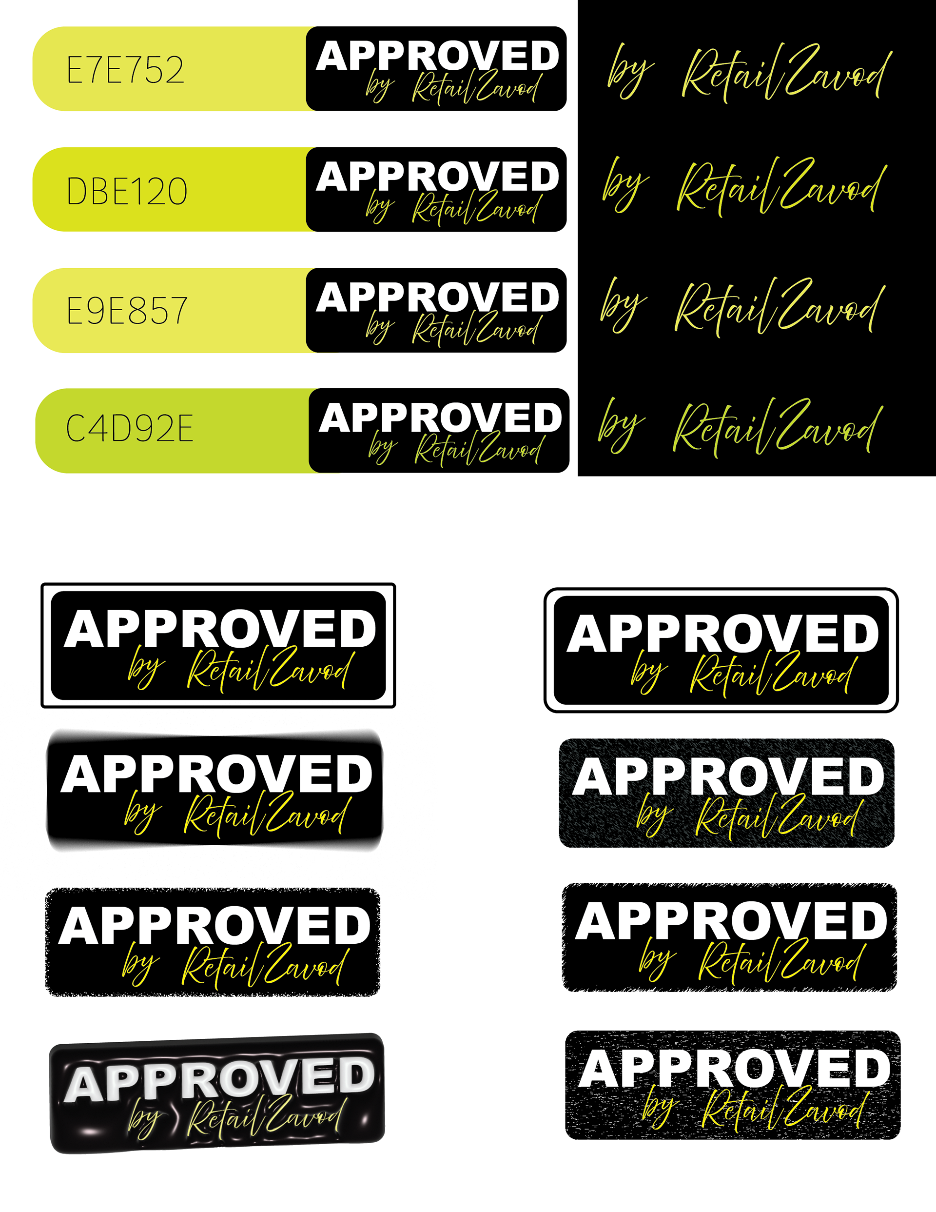 Top - variation on Neon yellow and how color will effect fonts, Down -  stamps design