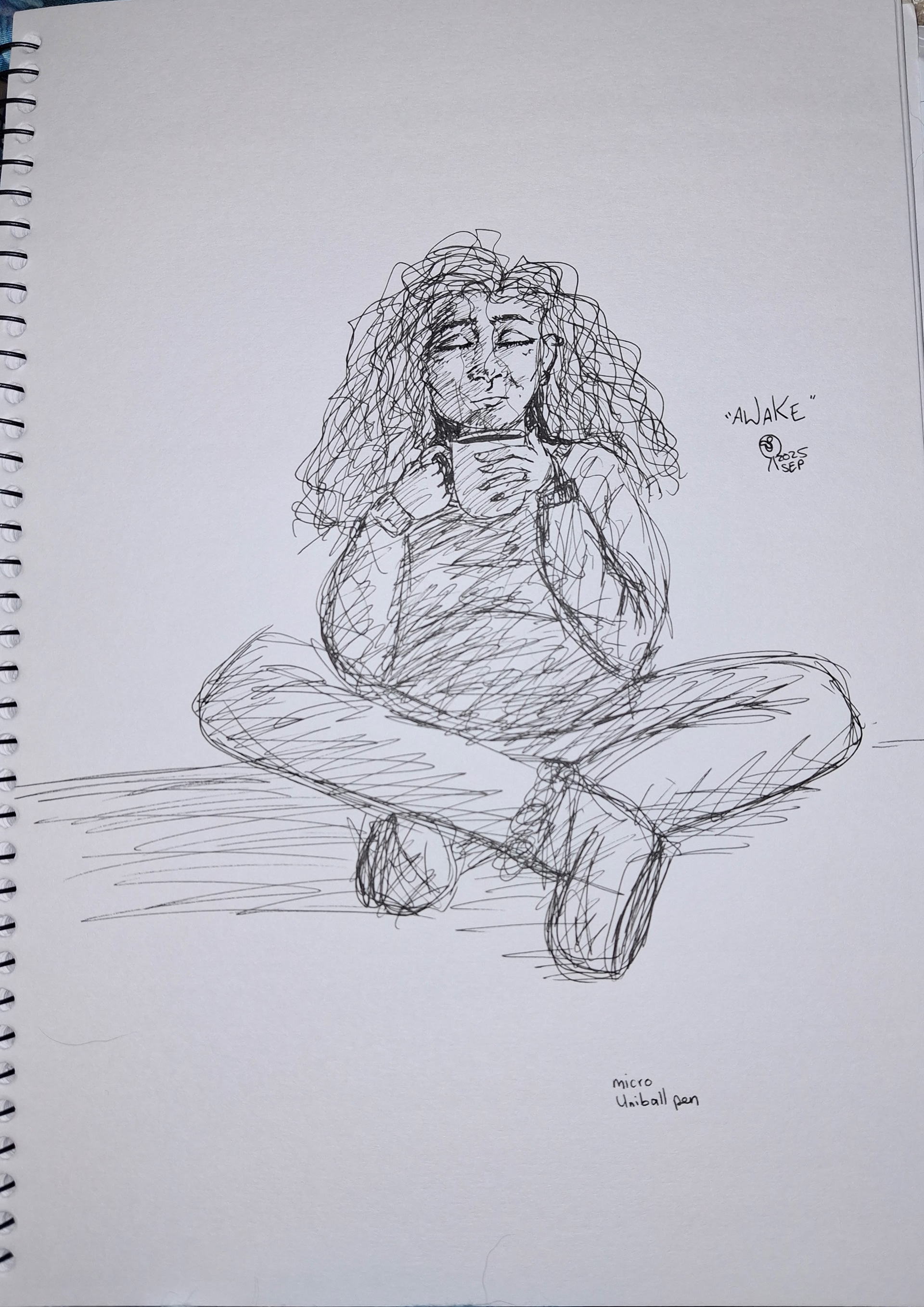 'Awake' A woman barely awake holding a cup of coffee