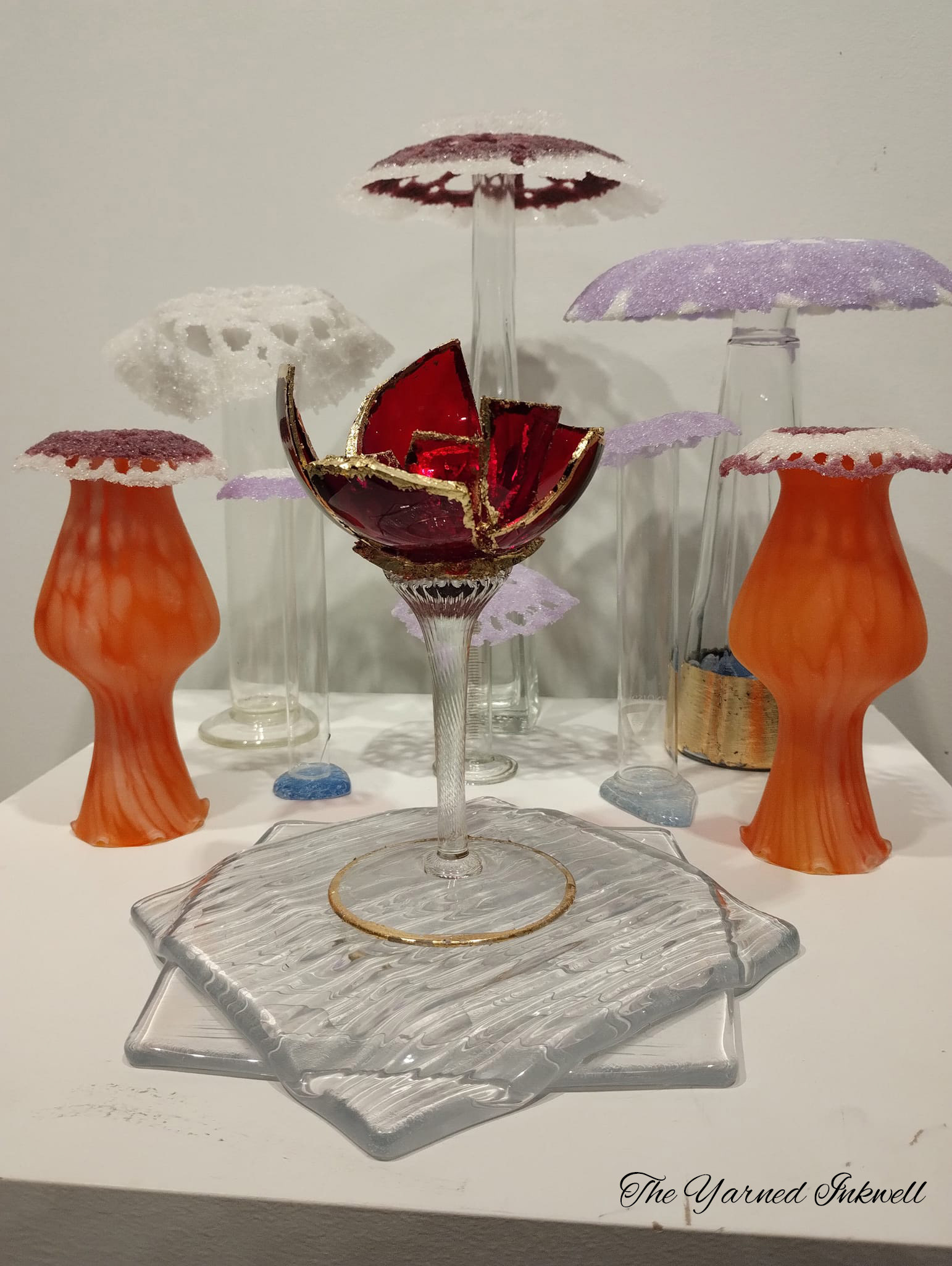 Glass work - rose and doily mushrooms