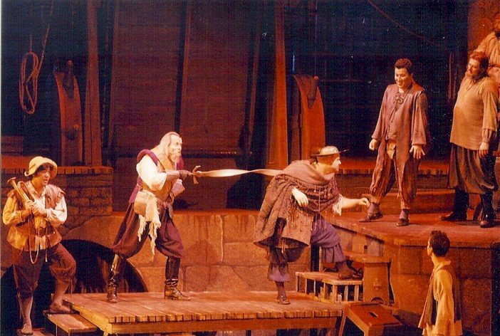 Paul Myrvold & Lawrence-Michael Arias berate Kevin High (The Barber) Man of La Mancha