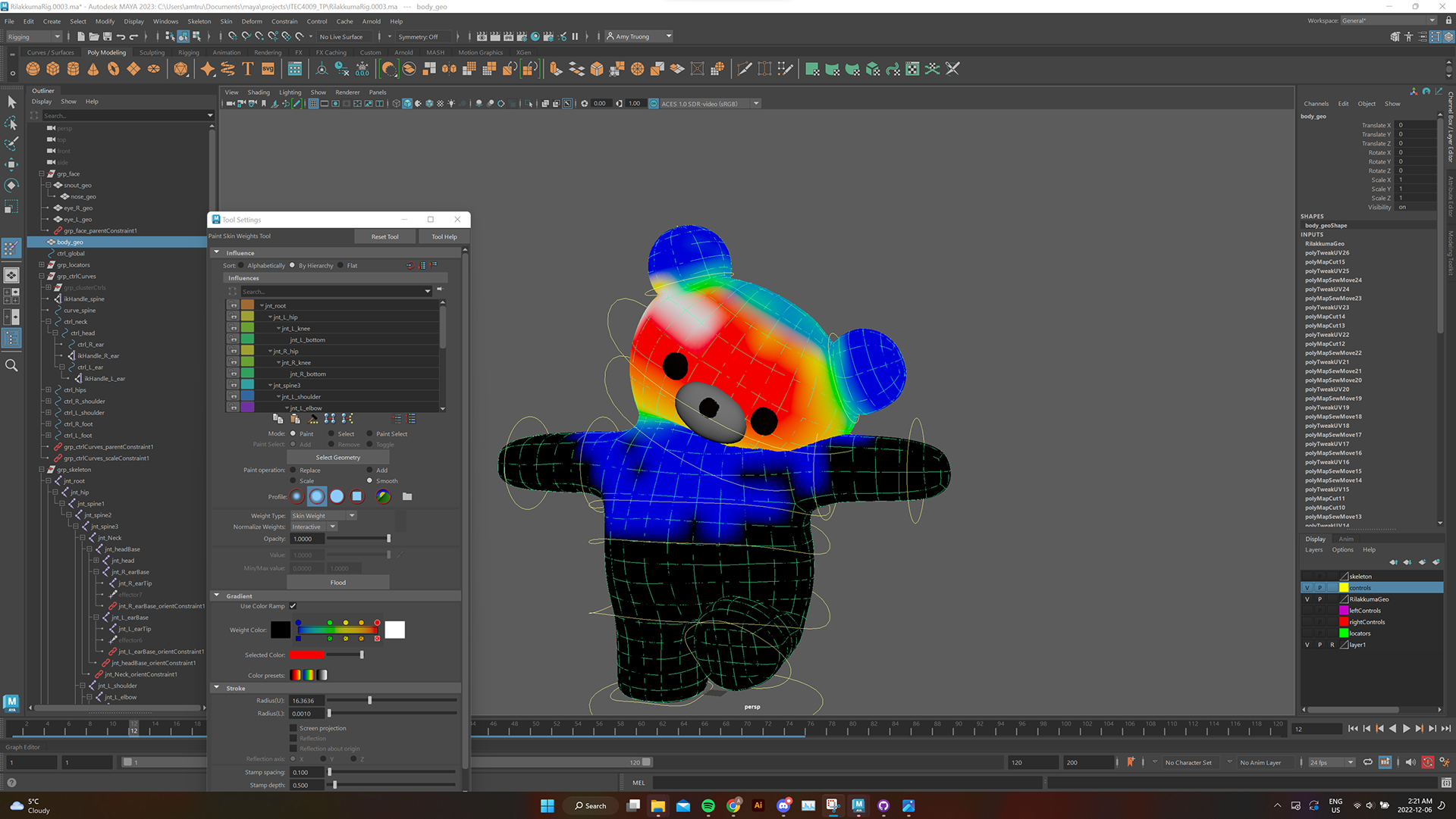Painting skin weights for the character model