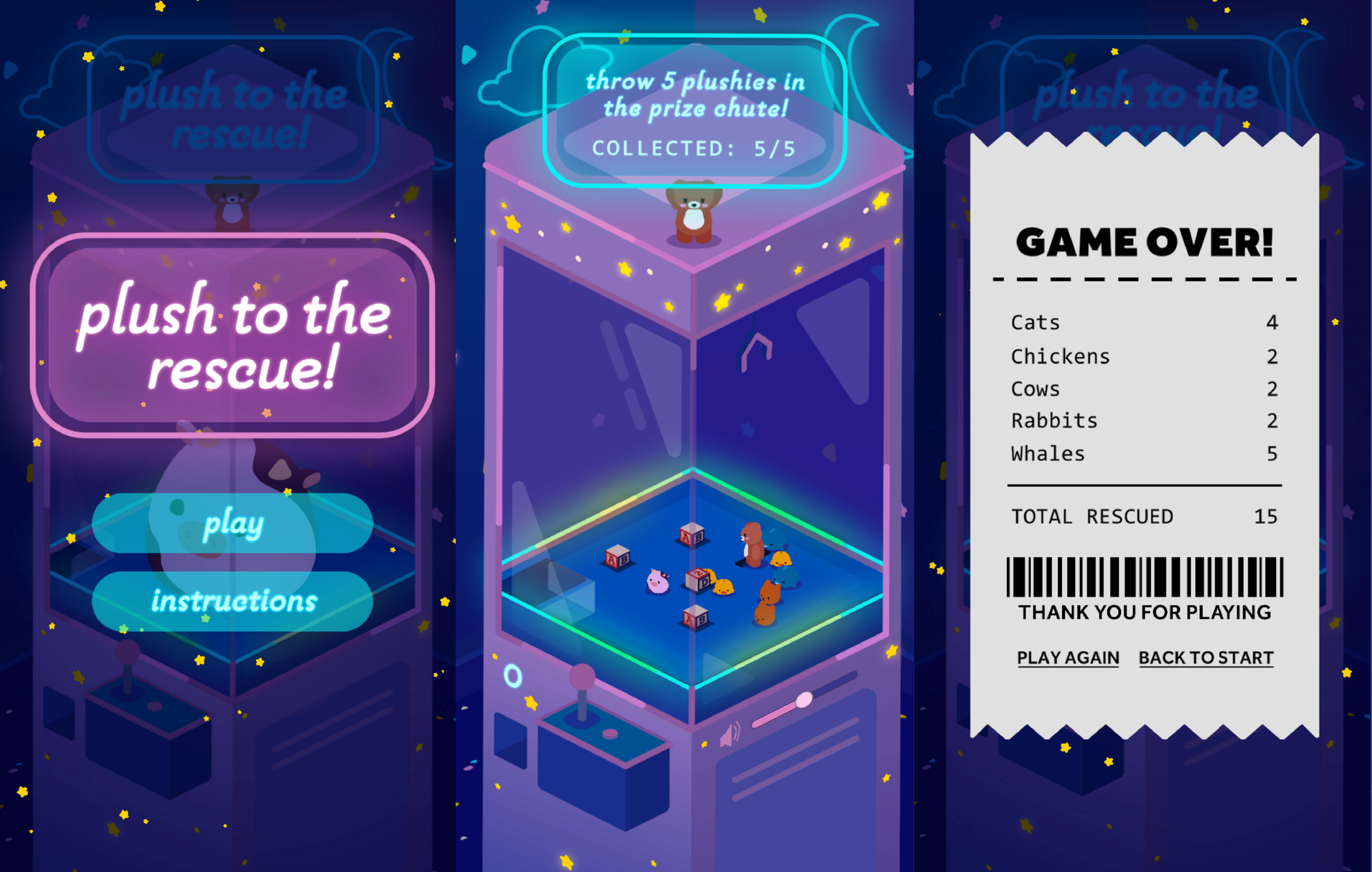 Screenshots of the game screens: start screen, game play, game over screen