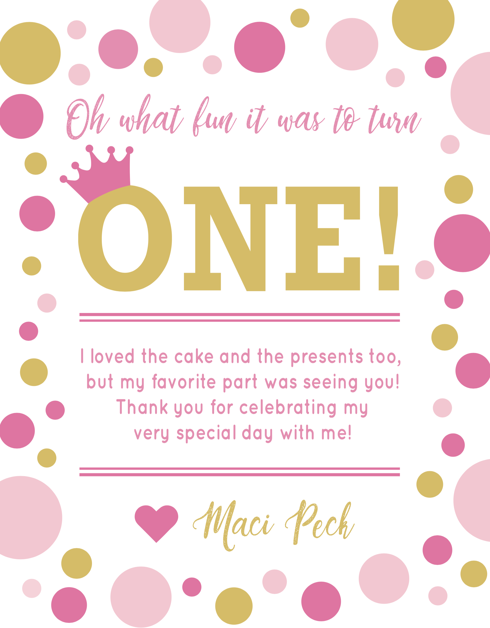 Thank You Card for Maci's First Birthday