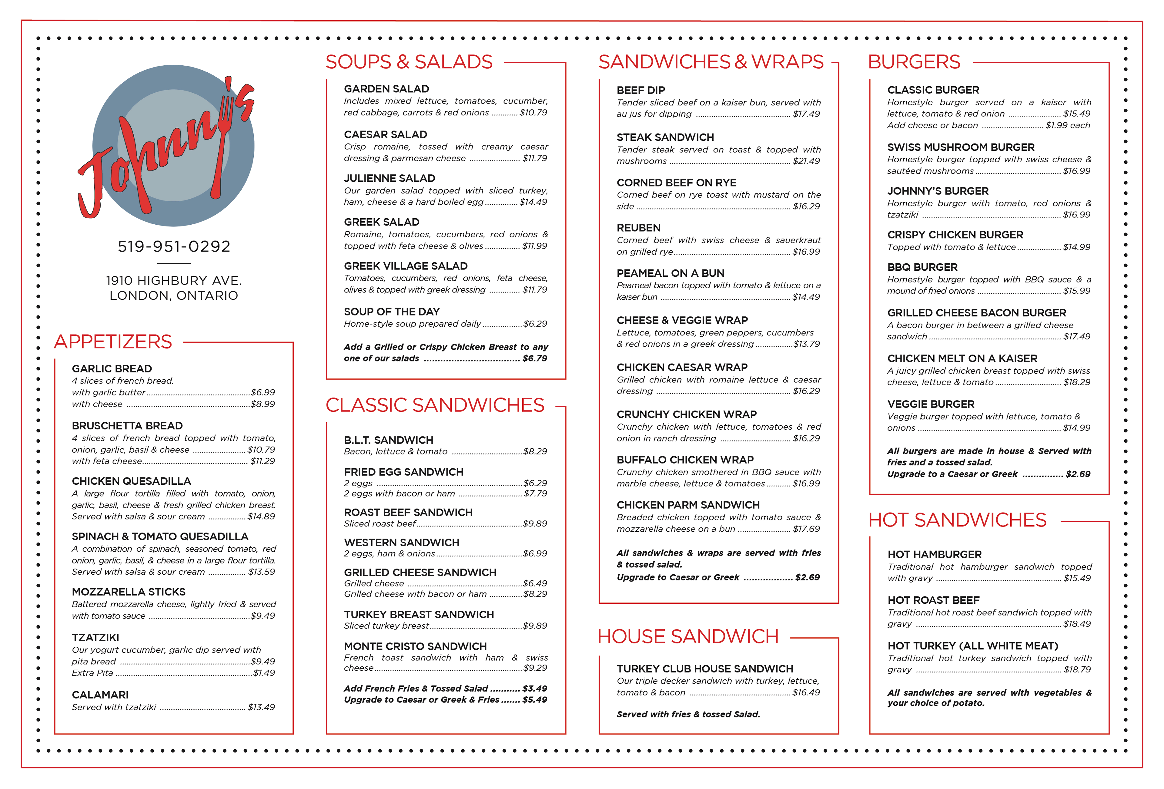 Johnny's Restaurant Dinner Menu - Side 1